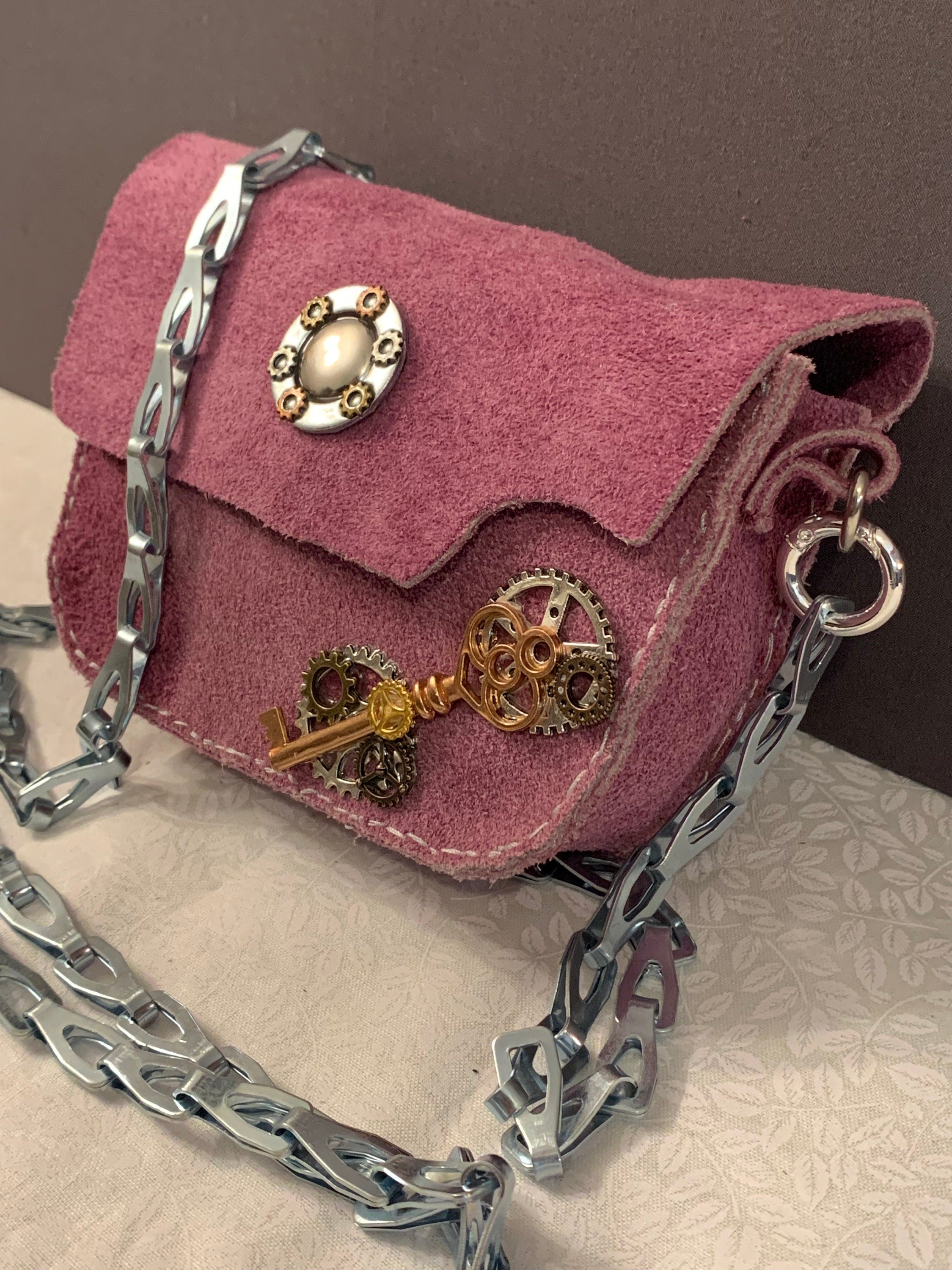 Steampunk Lavender Suede crossbody purse