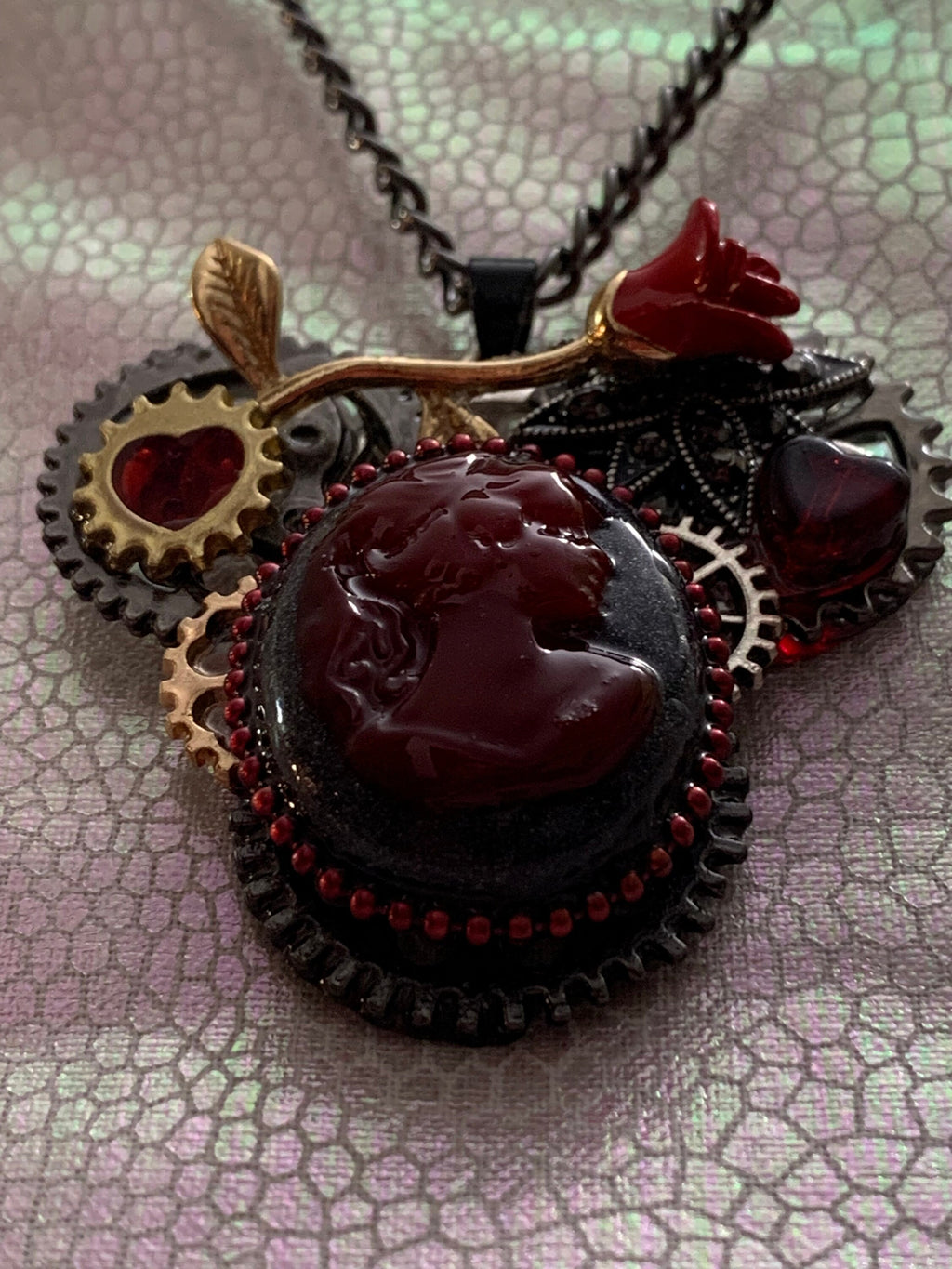 Lady Cameo Steampunk necklace Red and Black