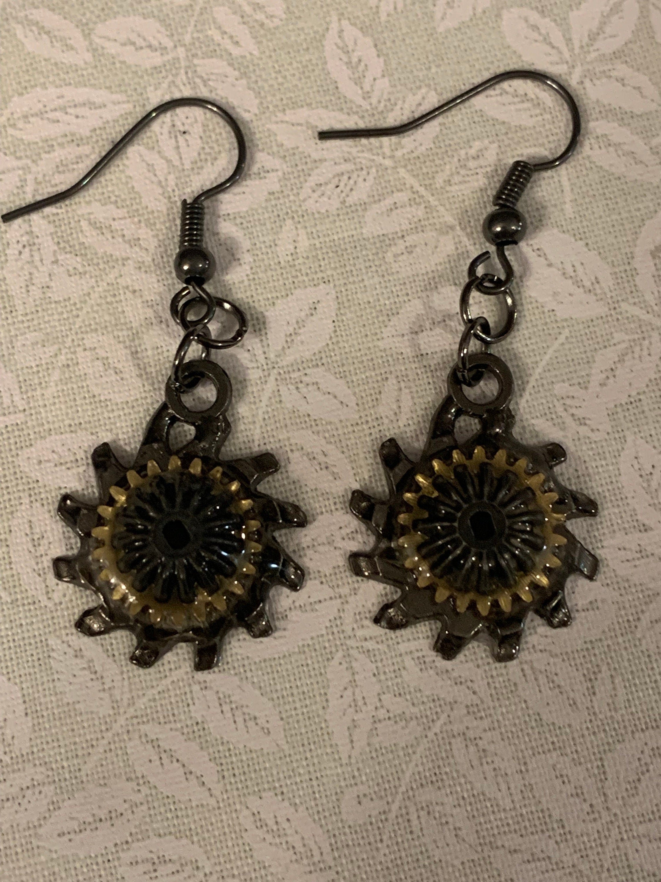 Steampunk black and gold gear earrings