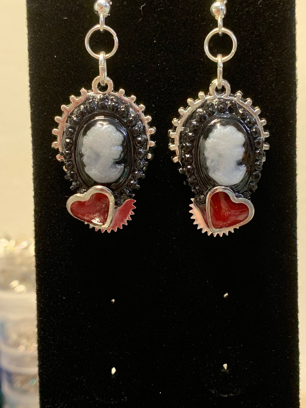 Steampunk Lady Cameo Earrings and Necklace Set Black