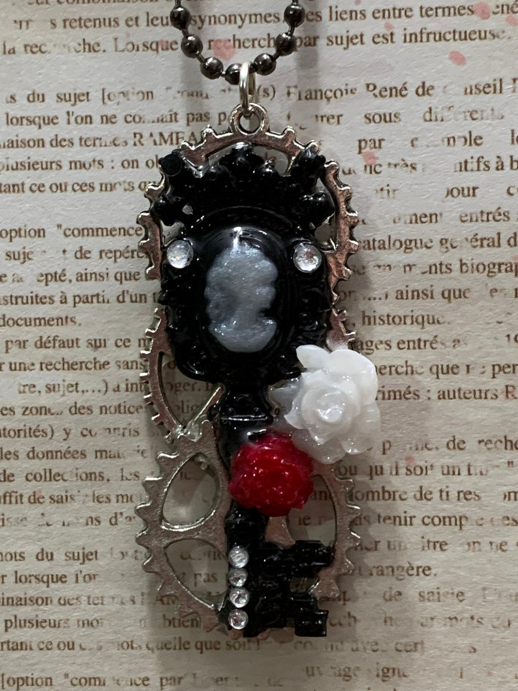 Steampunk Lady Cameo Earrings and Necklace Set Black