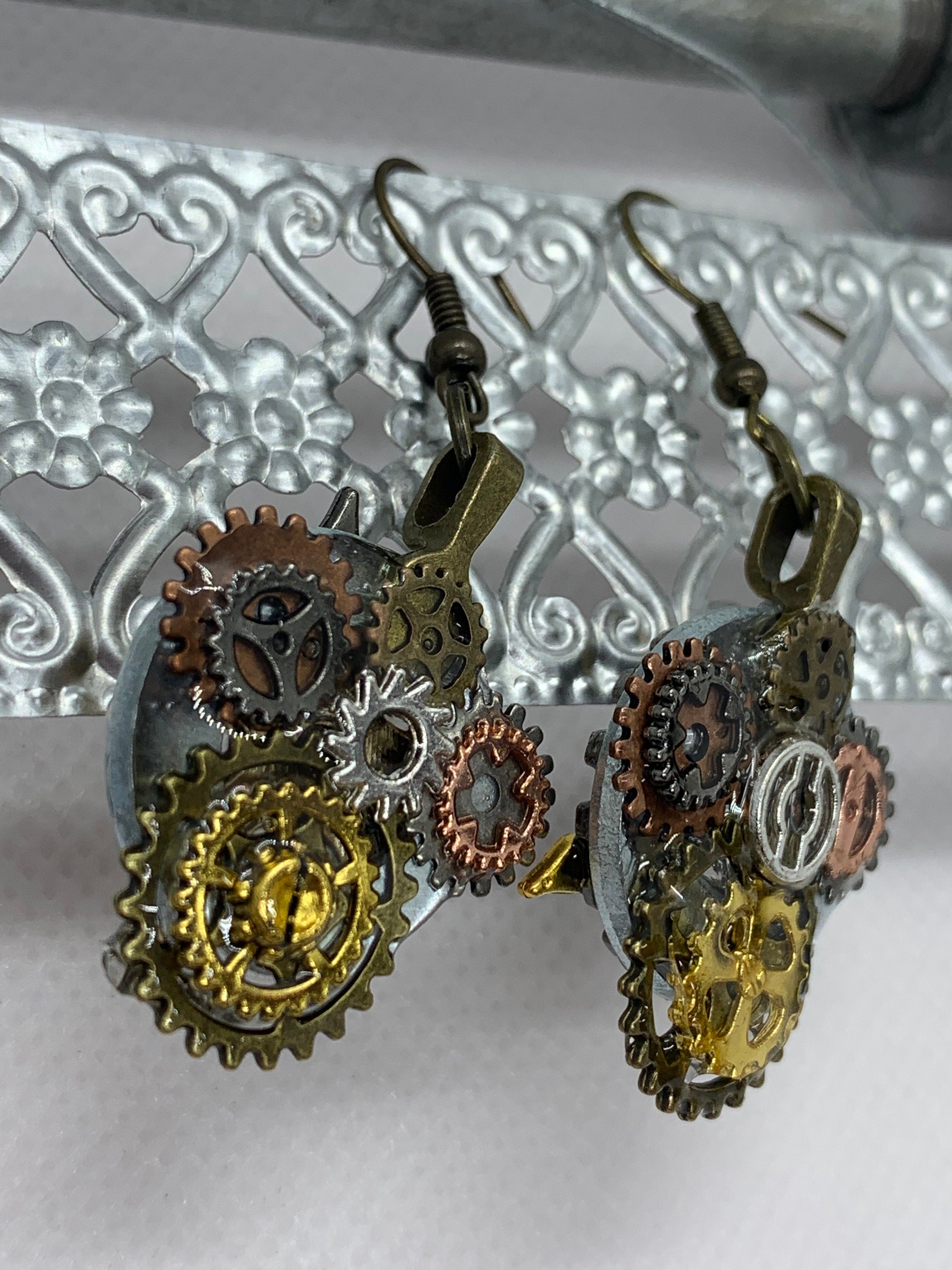 Steampunk Washer and Gear Metal Earrings