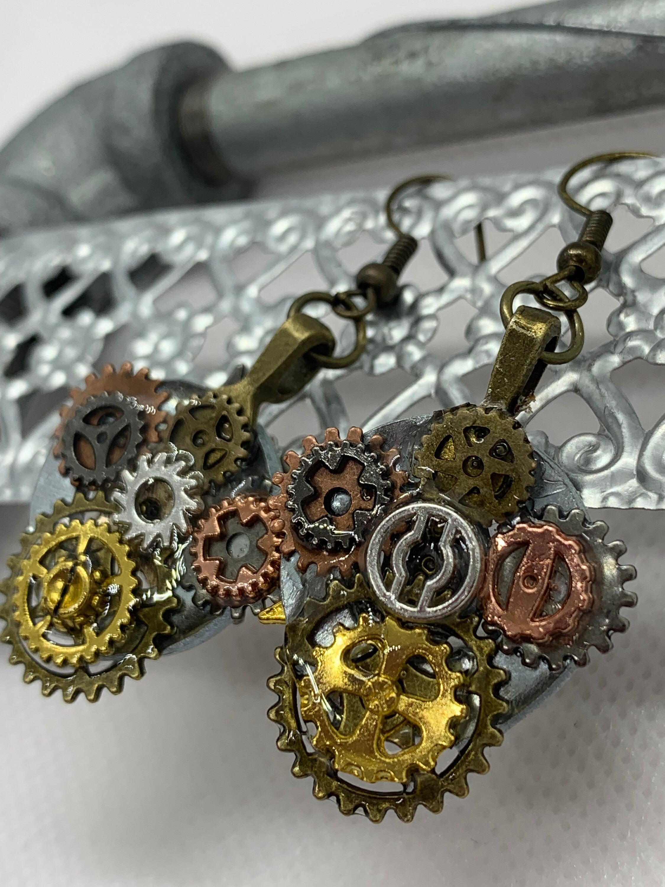 Steampunk Washer and Gear Metal Earrings