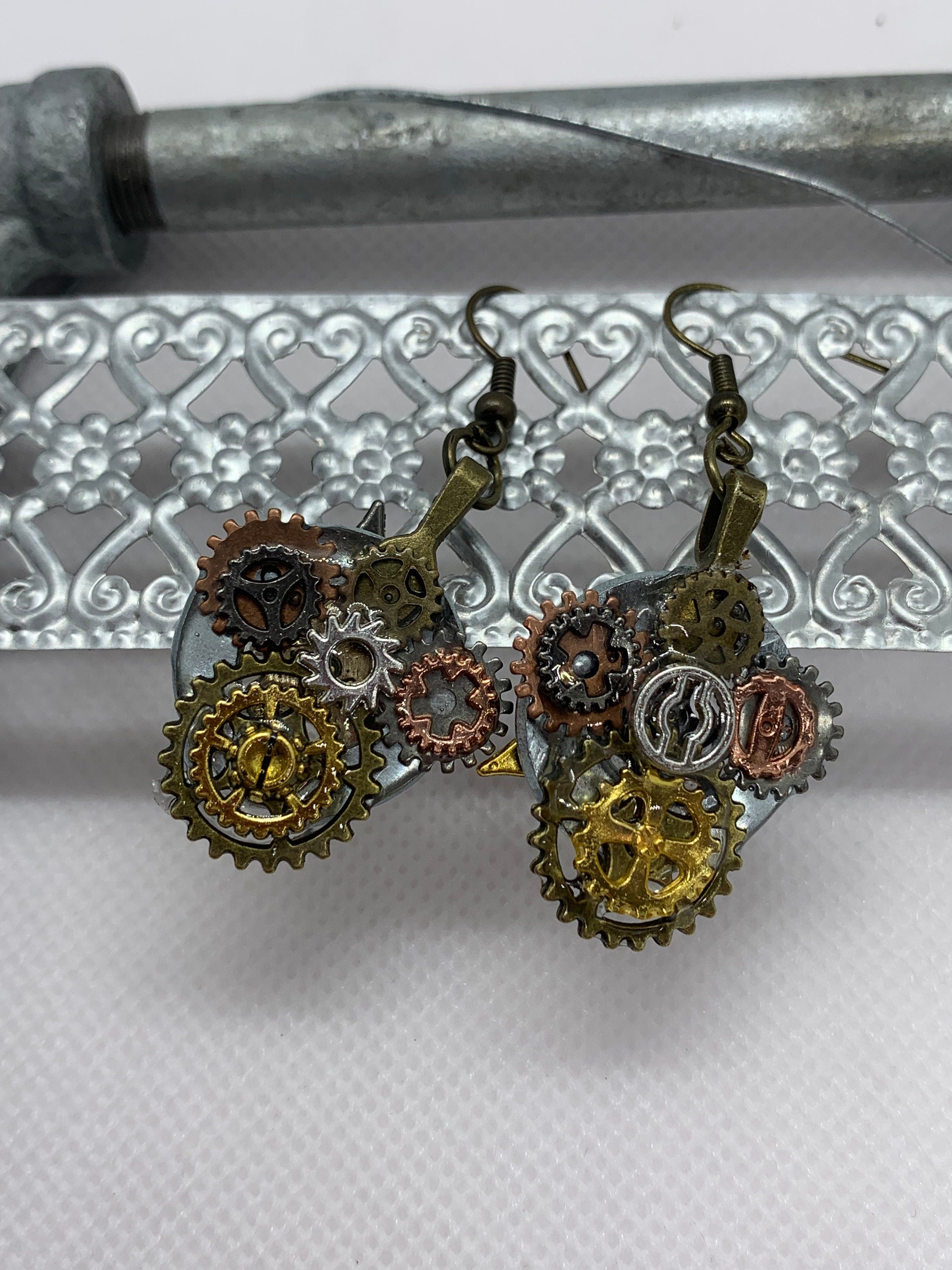 Steampunk Washer and Gear Metal Earrings