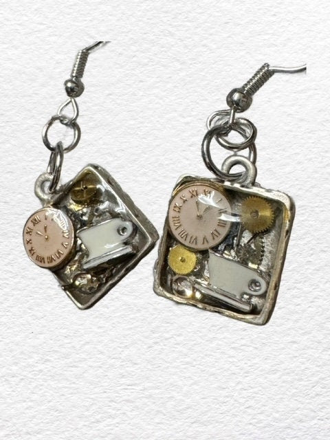 Time for Tea Tiny square Silver Earrings