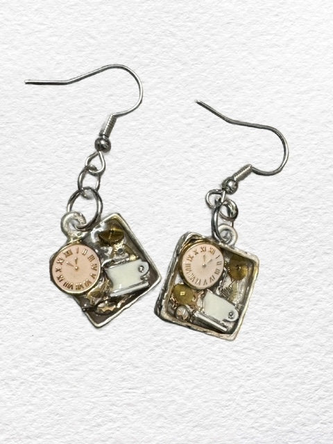 Time for Tea Tiny square Silver Earrings