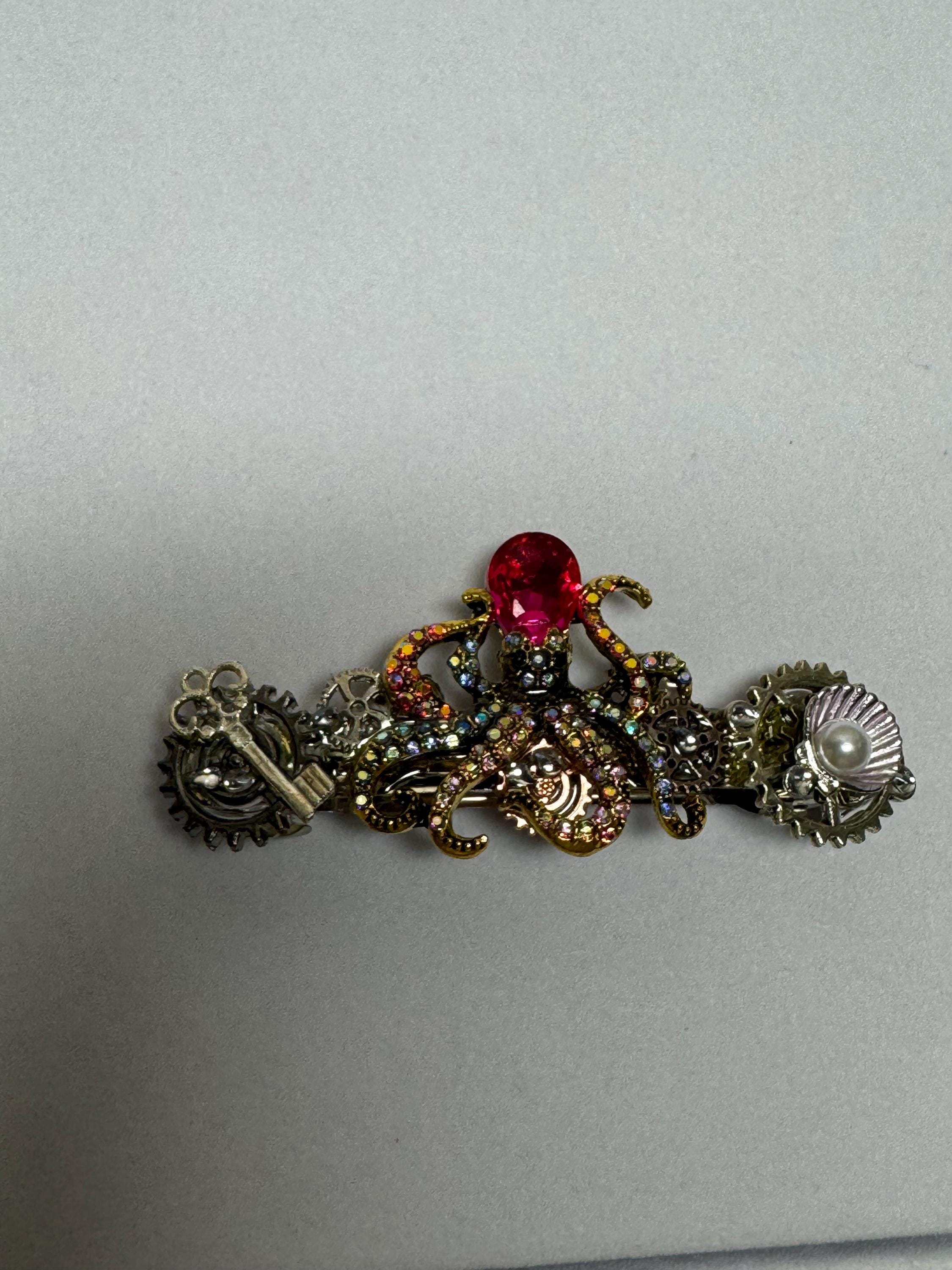 Rhinestone Pink Metal Octopus Barrette