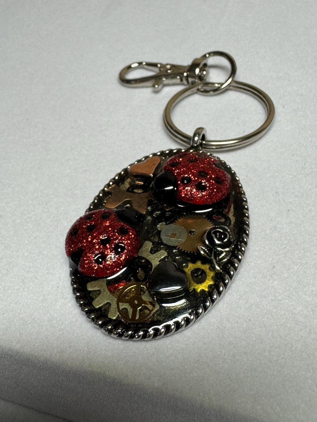 Oval Metal Ladybug Steampunk Keychain