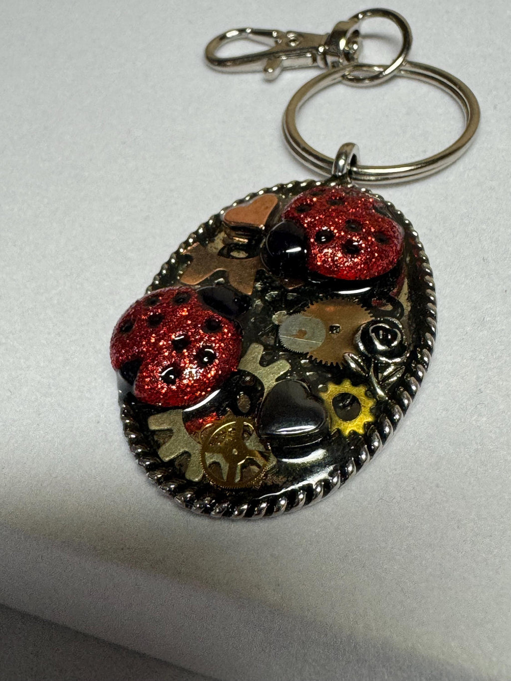 Oval Metal Ladybug Steampunk Keychain