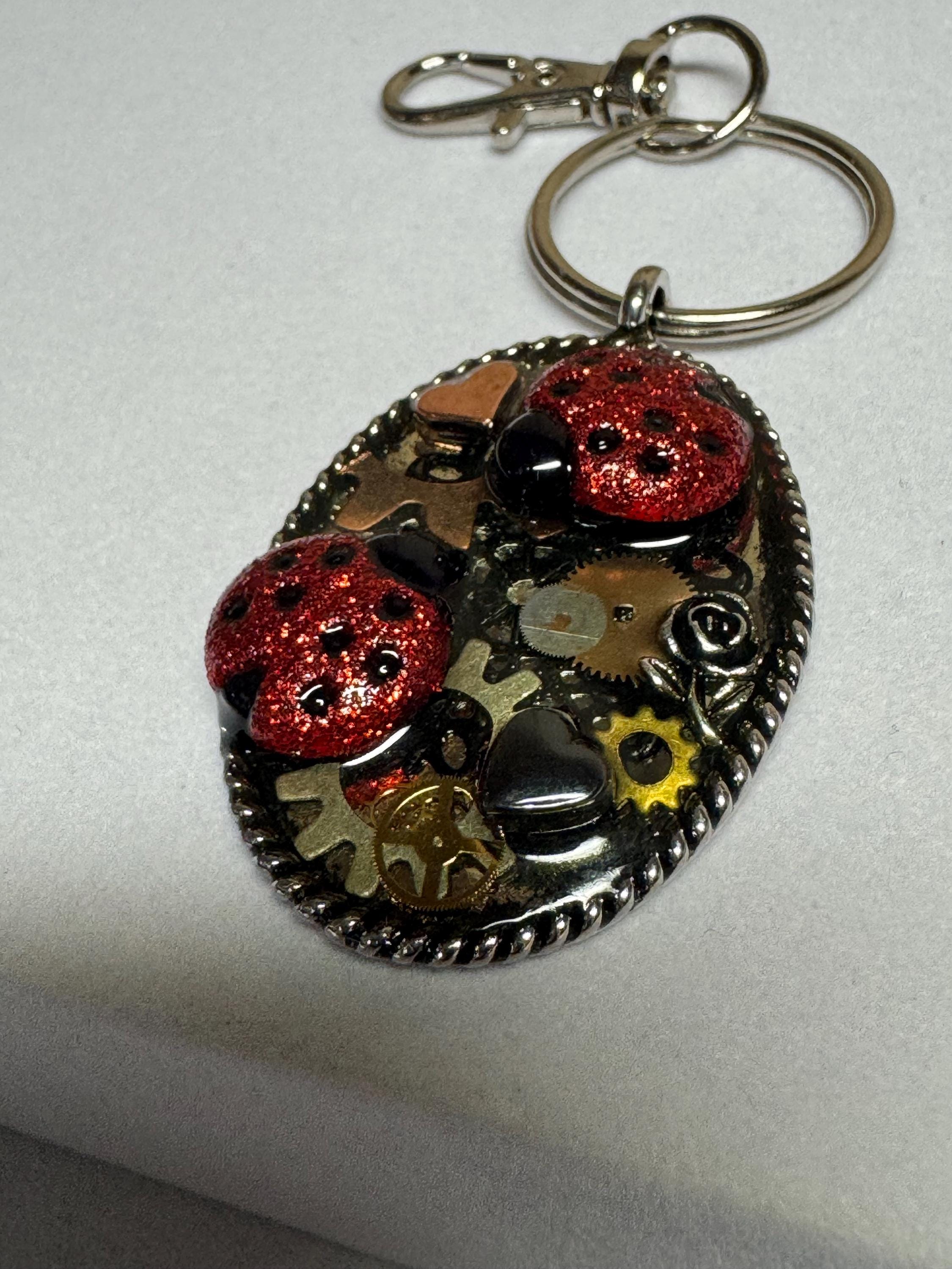 Oval Metal Ladybug Steampunk Keychain