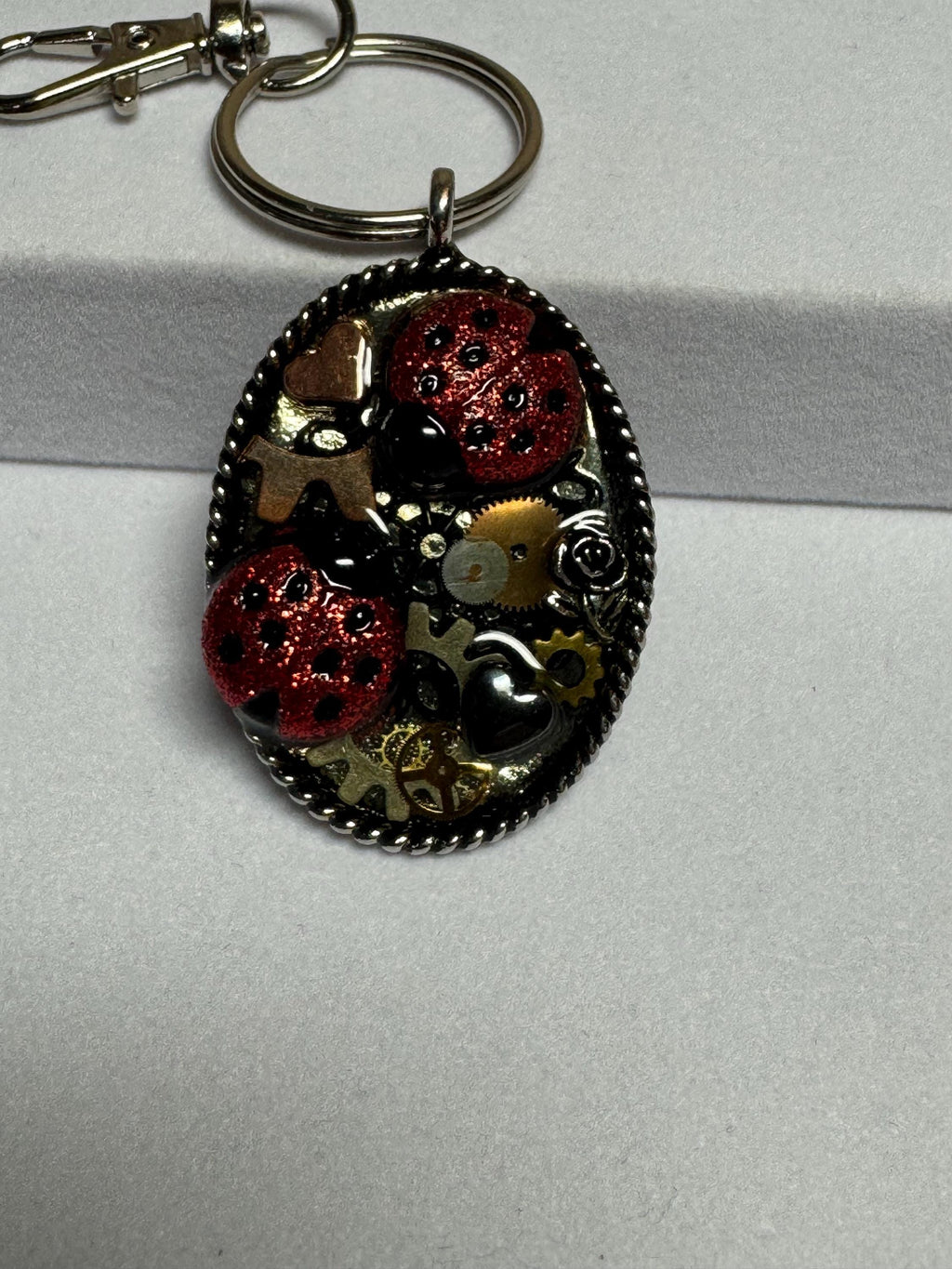 Oval Metal Ladybug Steampunk Keychain