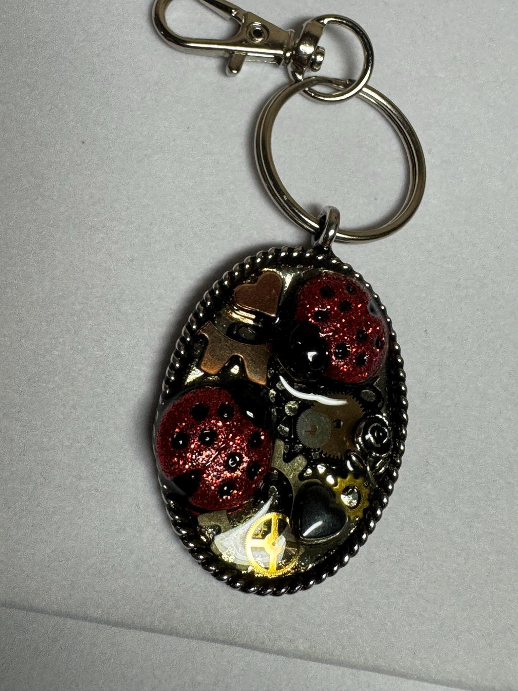 Oval Metal Ladybug Steampunk Keychain