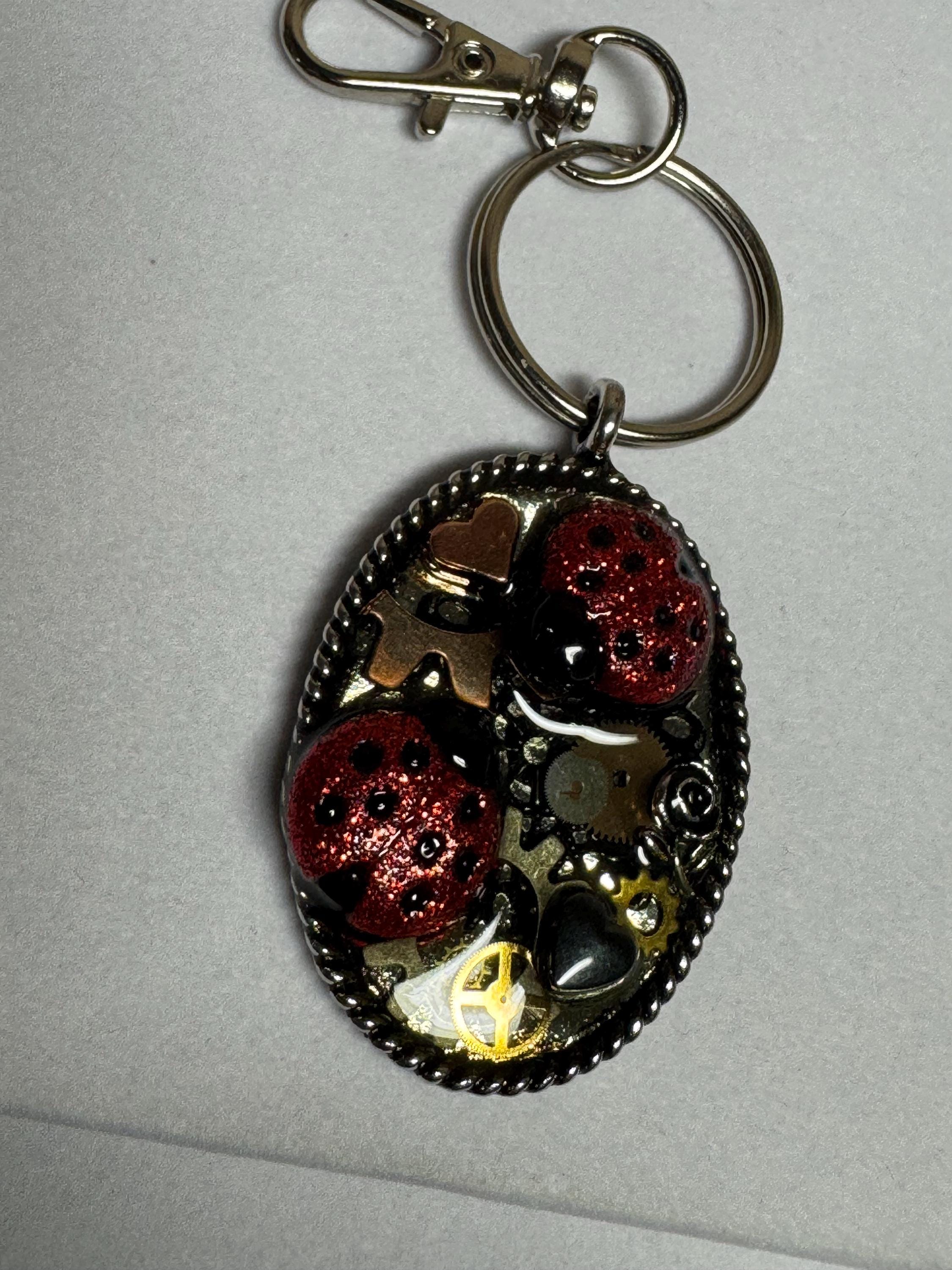 Oval Metal Ladybug Steampunk Keychain