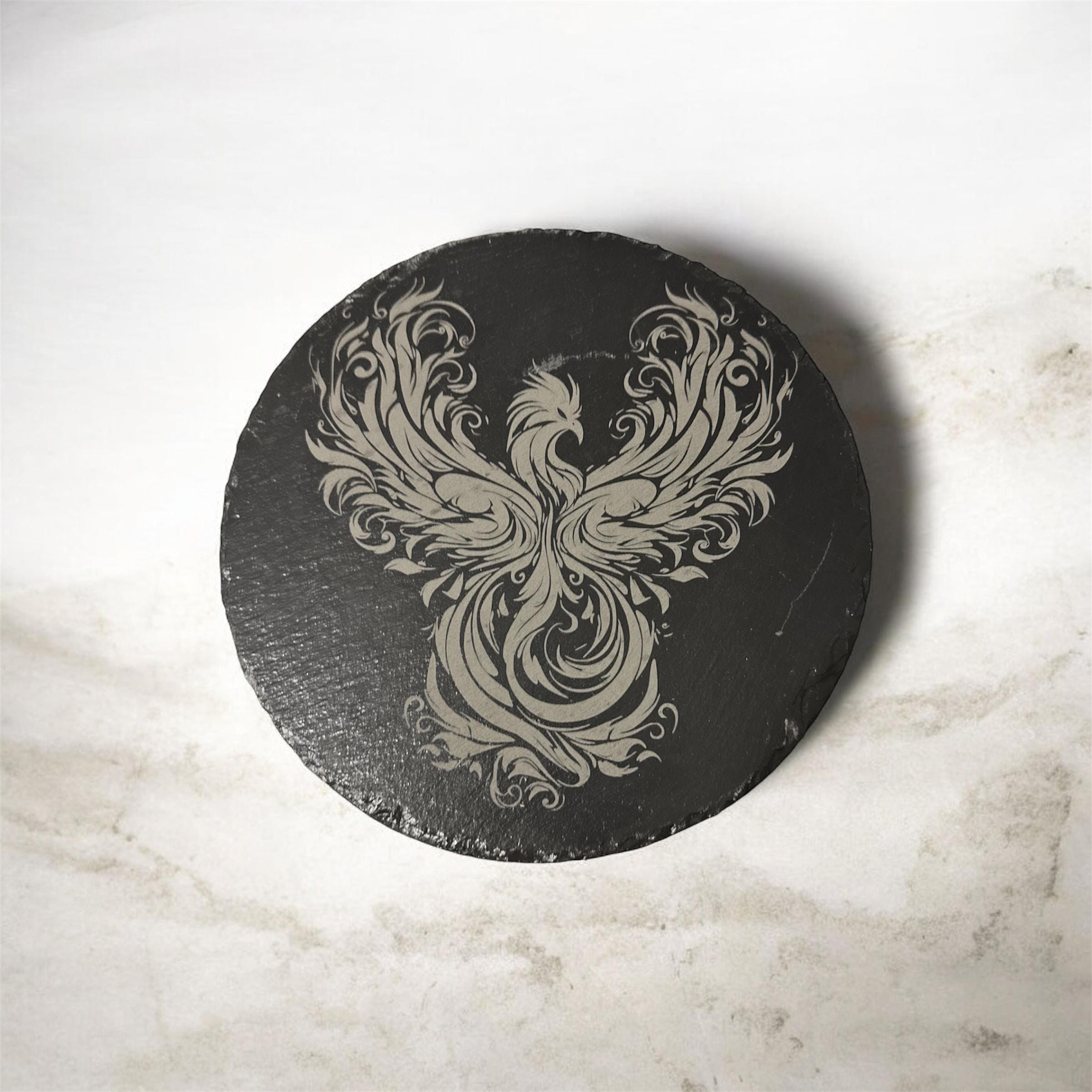 Round Slate Engraved Trivets Skulls, Cat, Pheonix