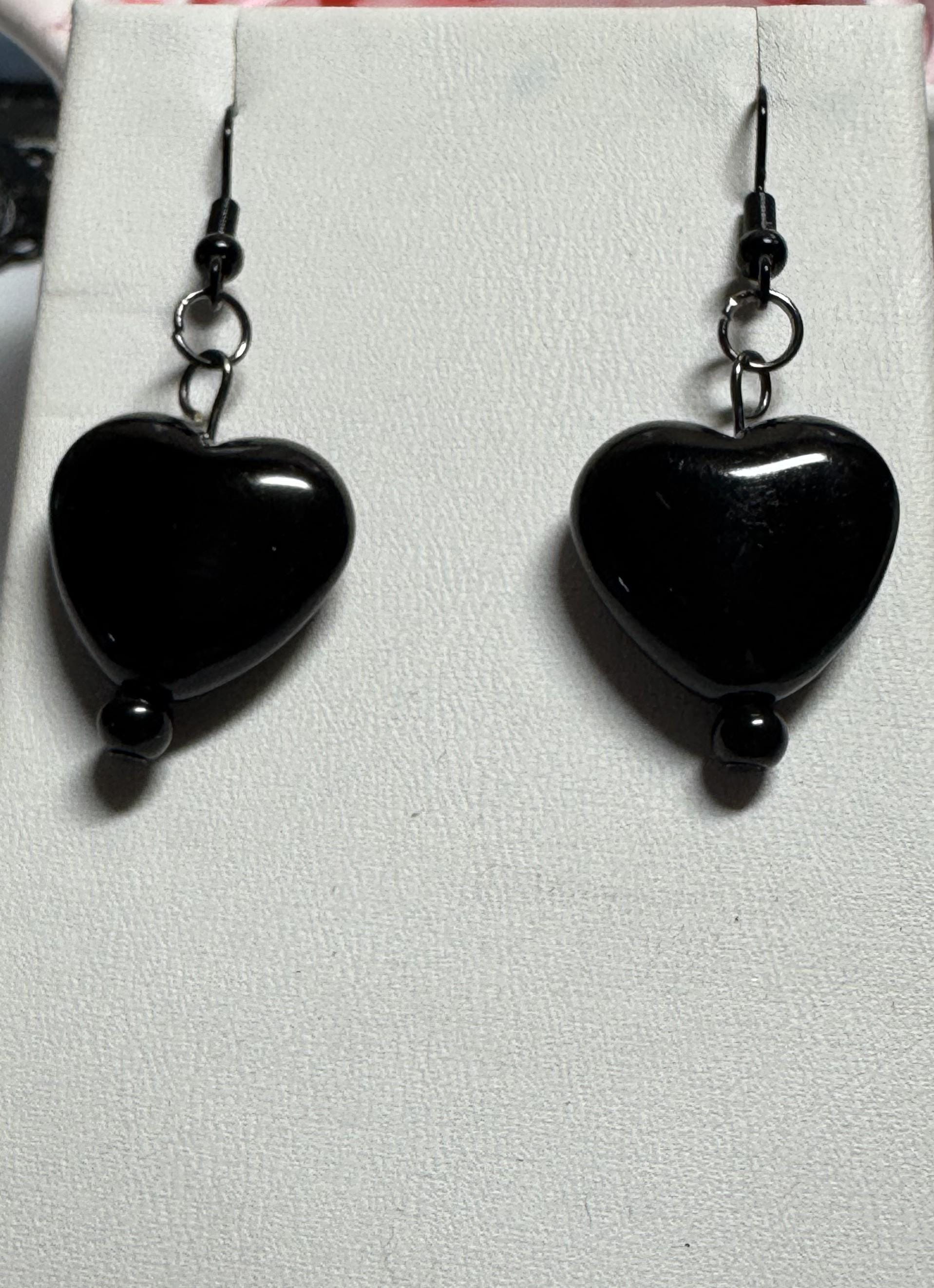 Heart Shaped Earrings, Red Silver and Black
