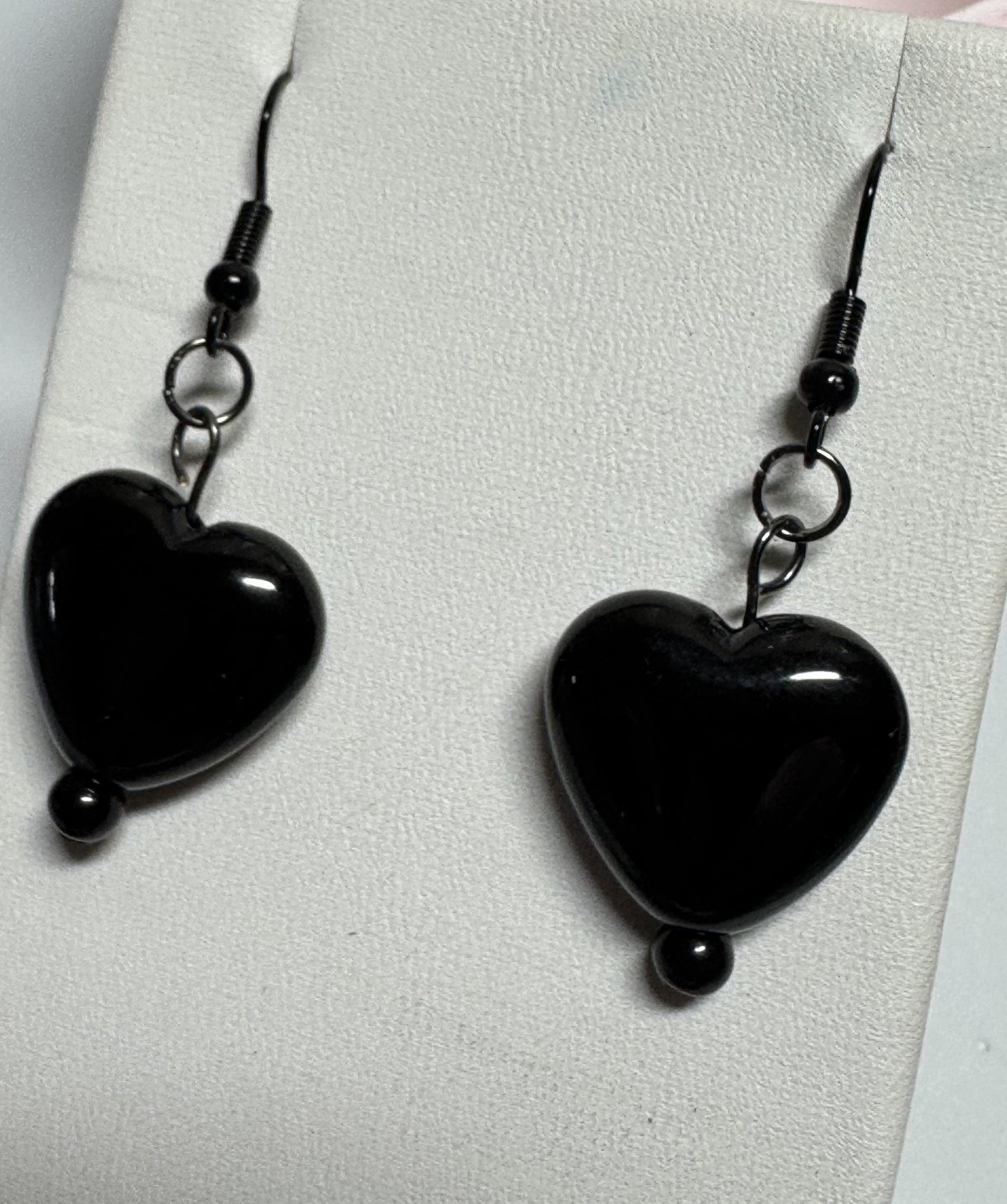 Heart Shaped Earrings, Red Silver and Black