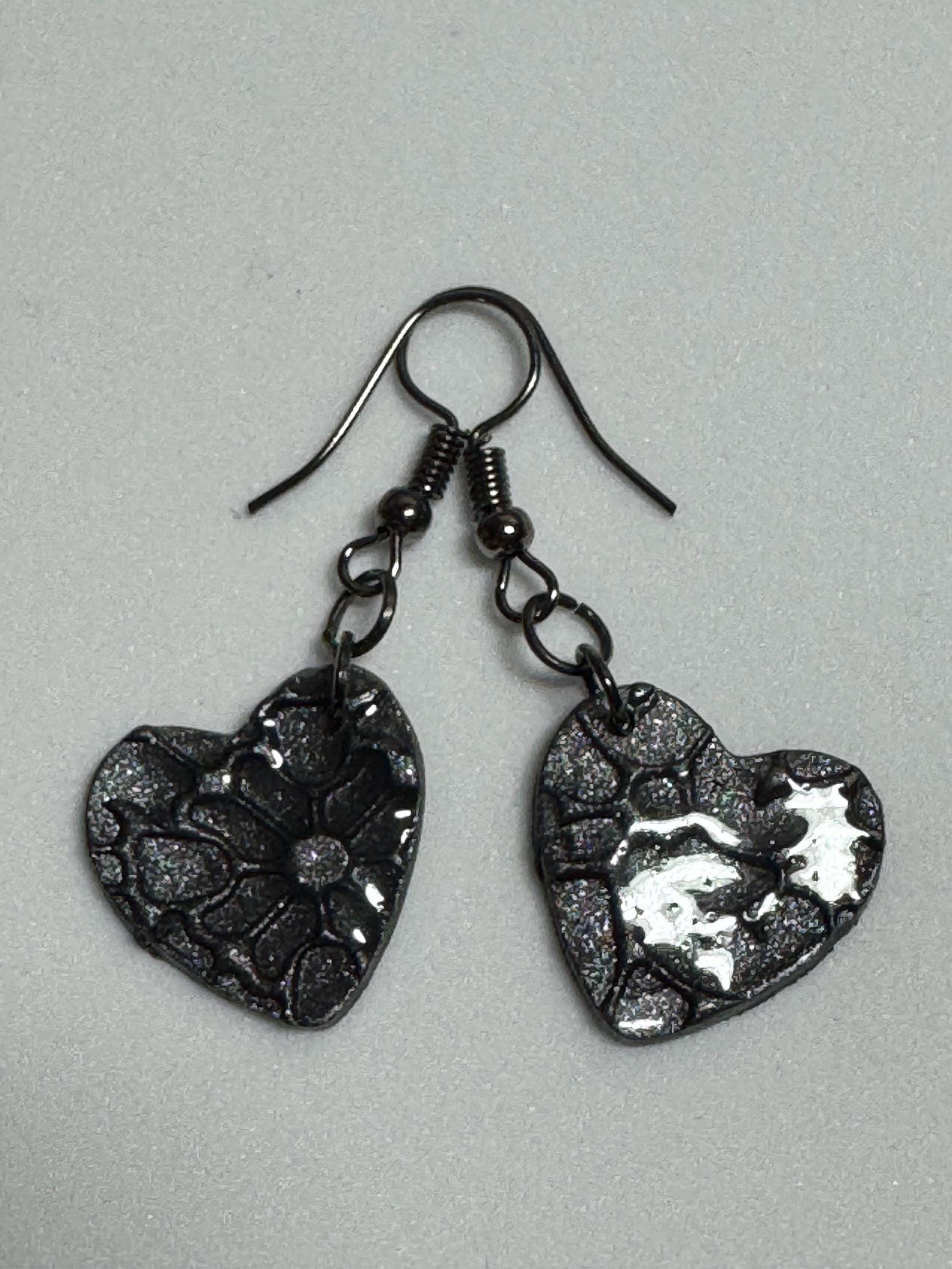 Heart Shaped Earrings, Red Silver and Black