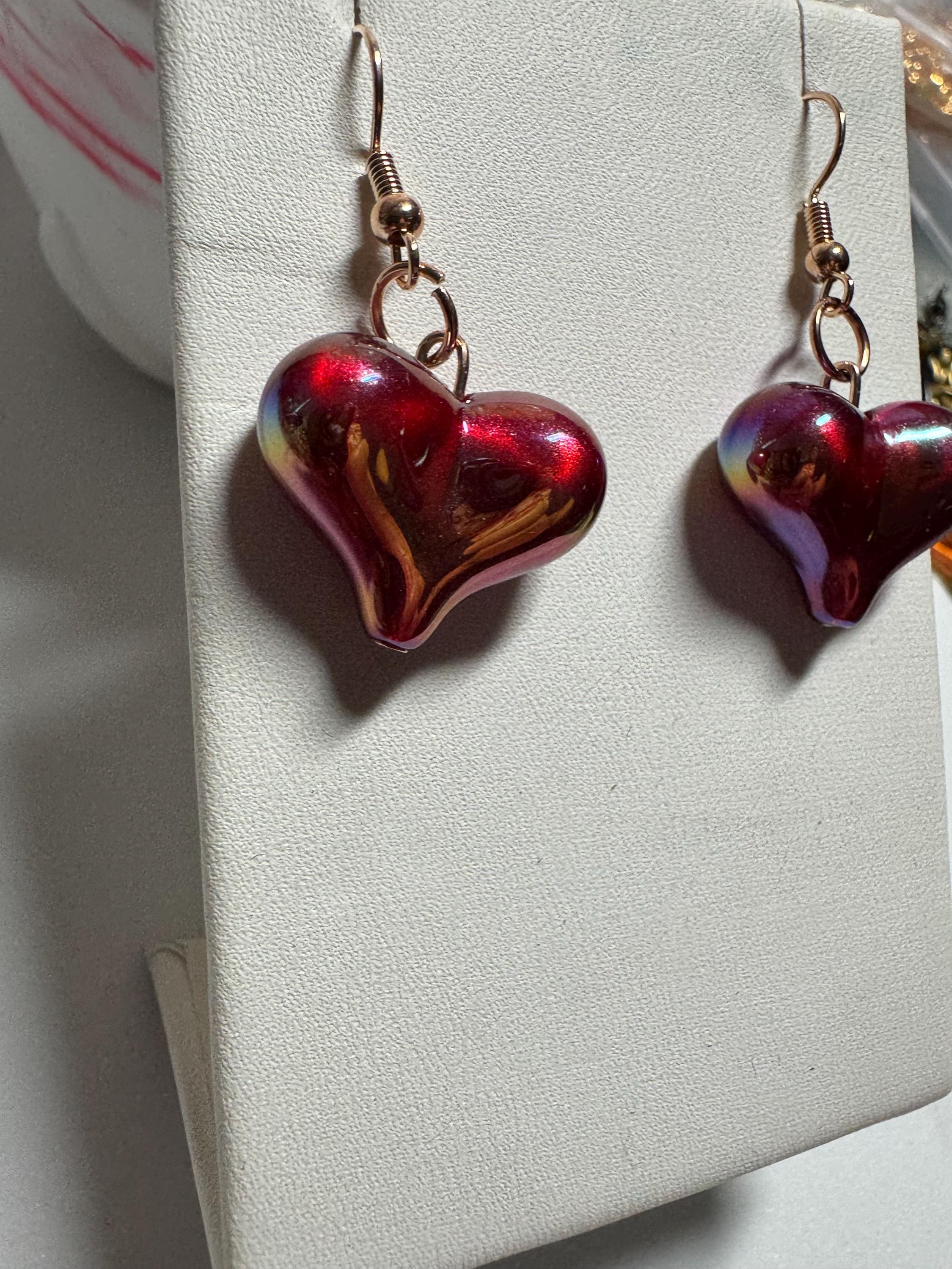 Heart Shaped Earrings, Red Silver and Black