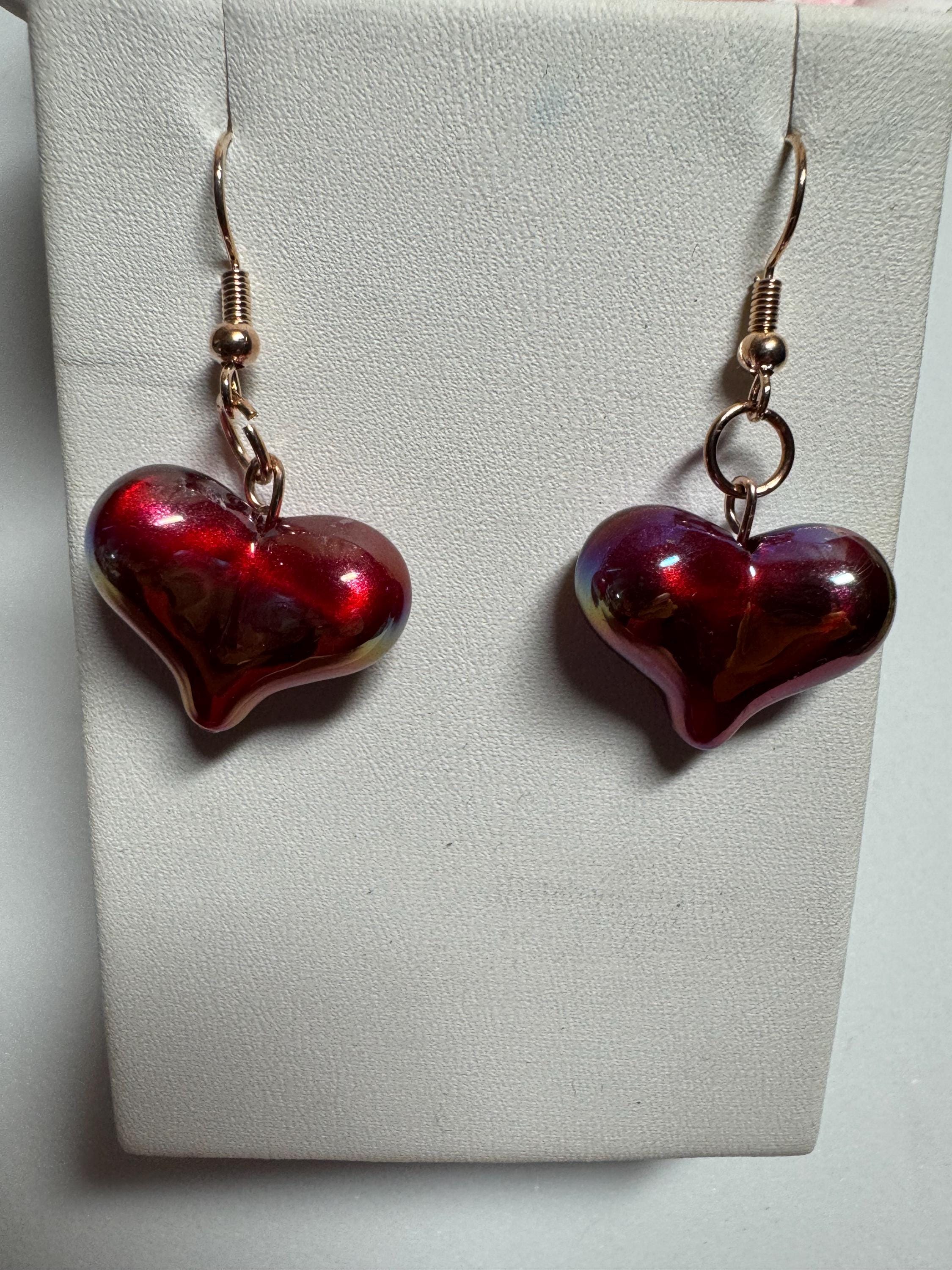 Heart Shaped Earrings, Red Silver and Black