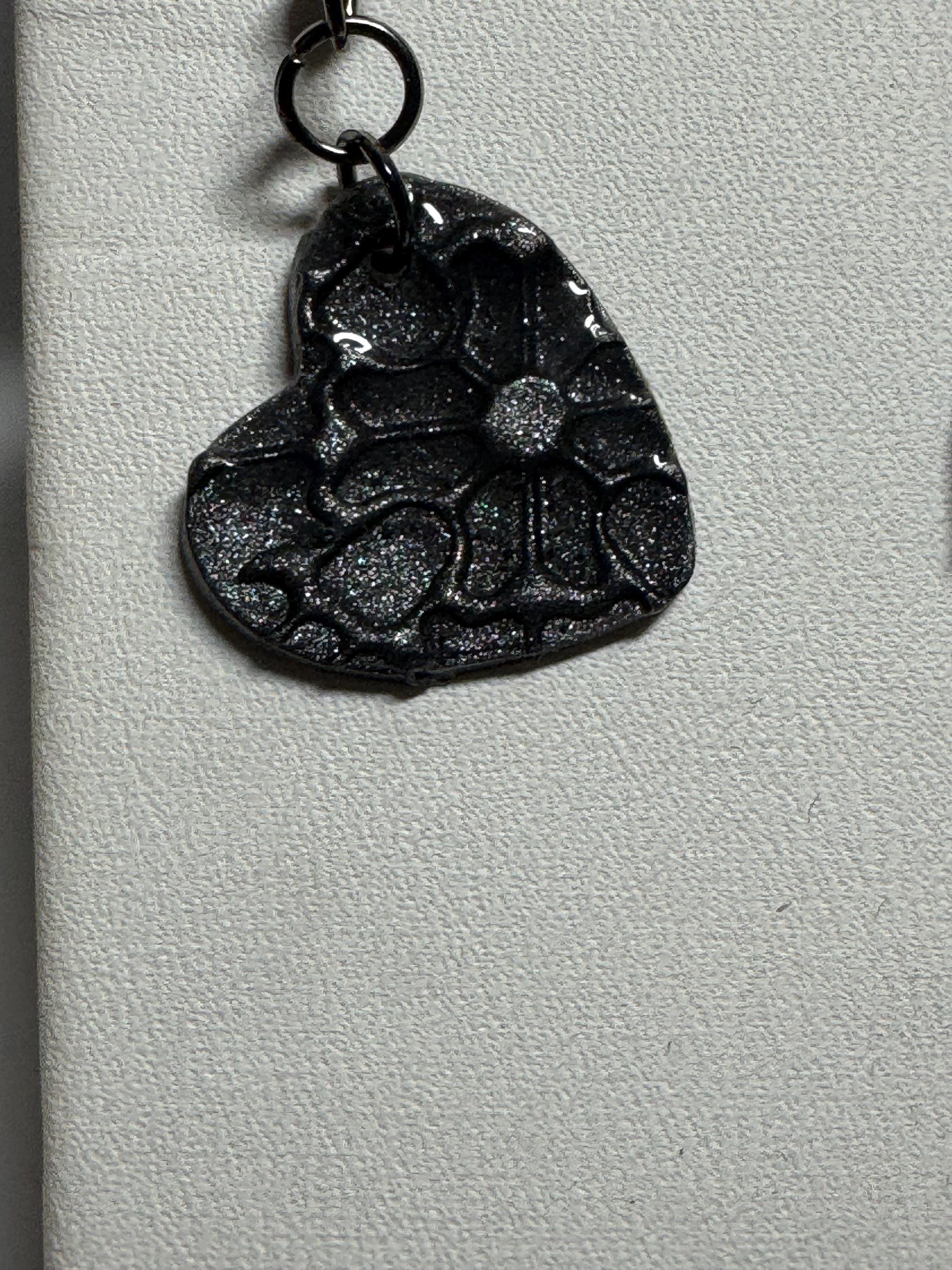 Heart Shaped Earrings, Red Silver and Black