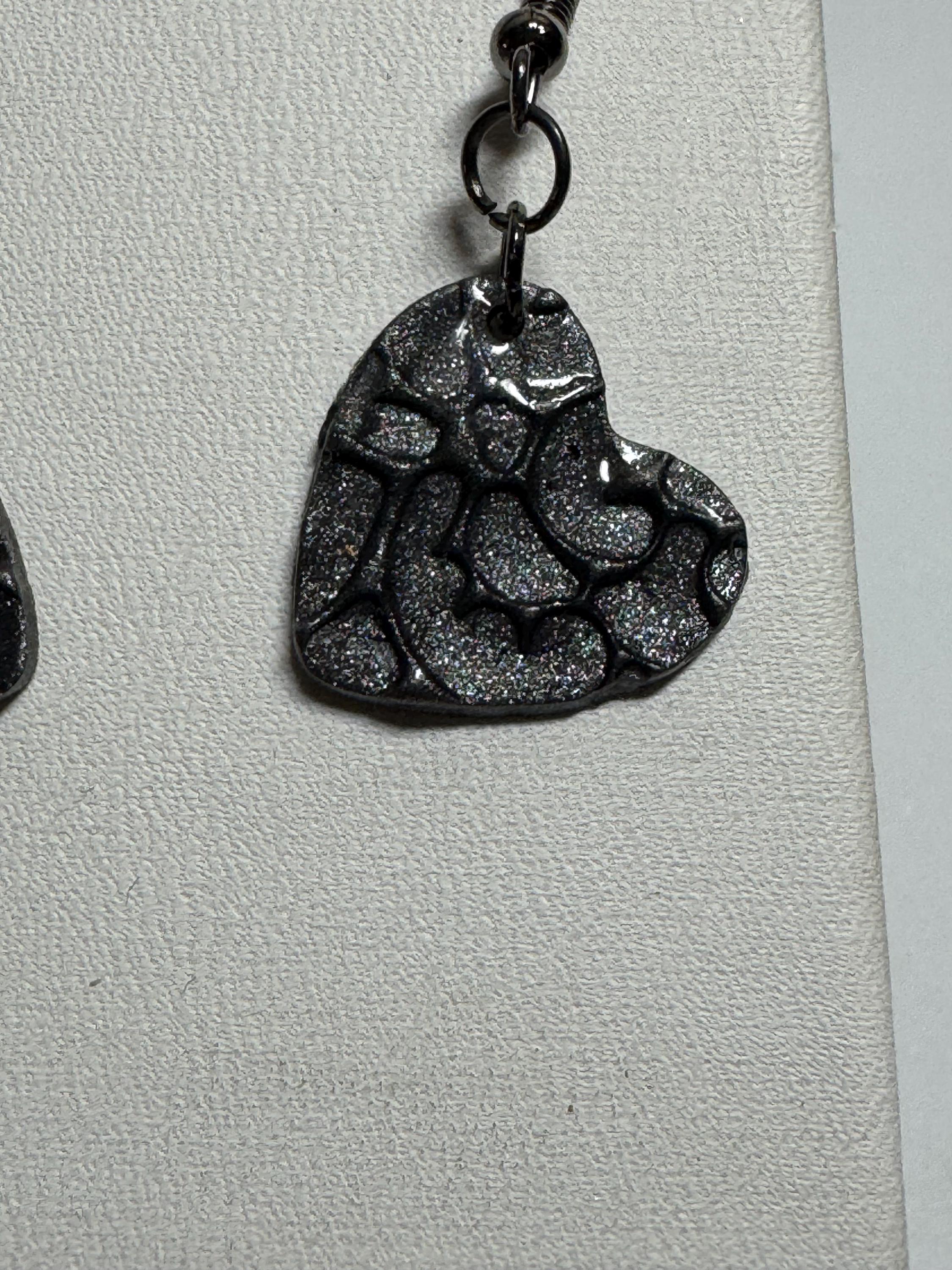 Heart Shaped Earrings, Red Silver and Black