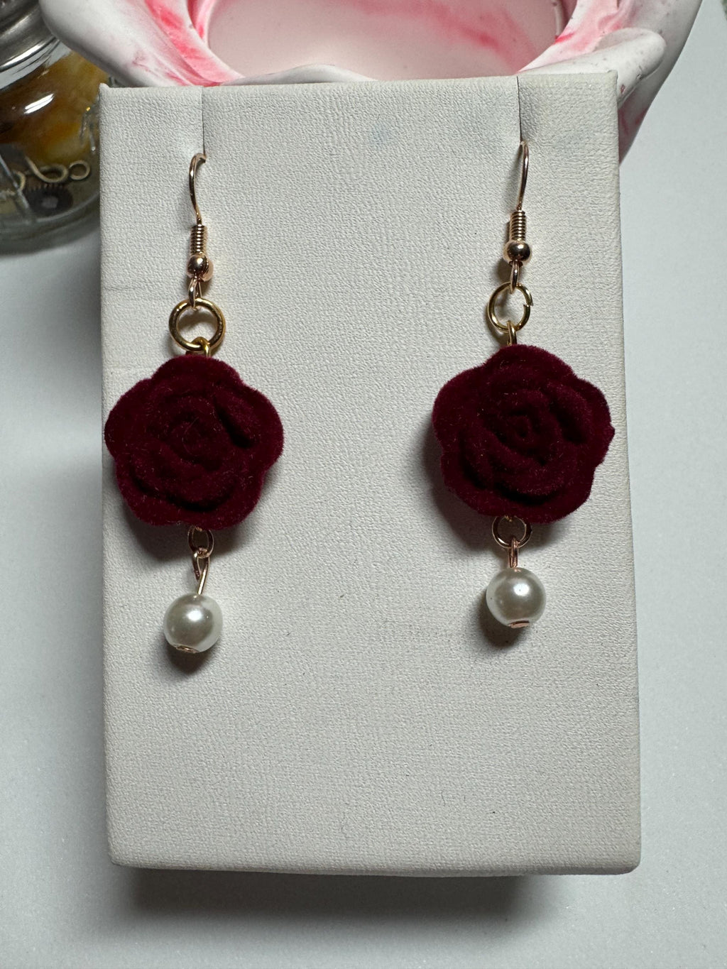 Velvet Rose Earrings Pink and Burgandy