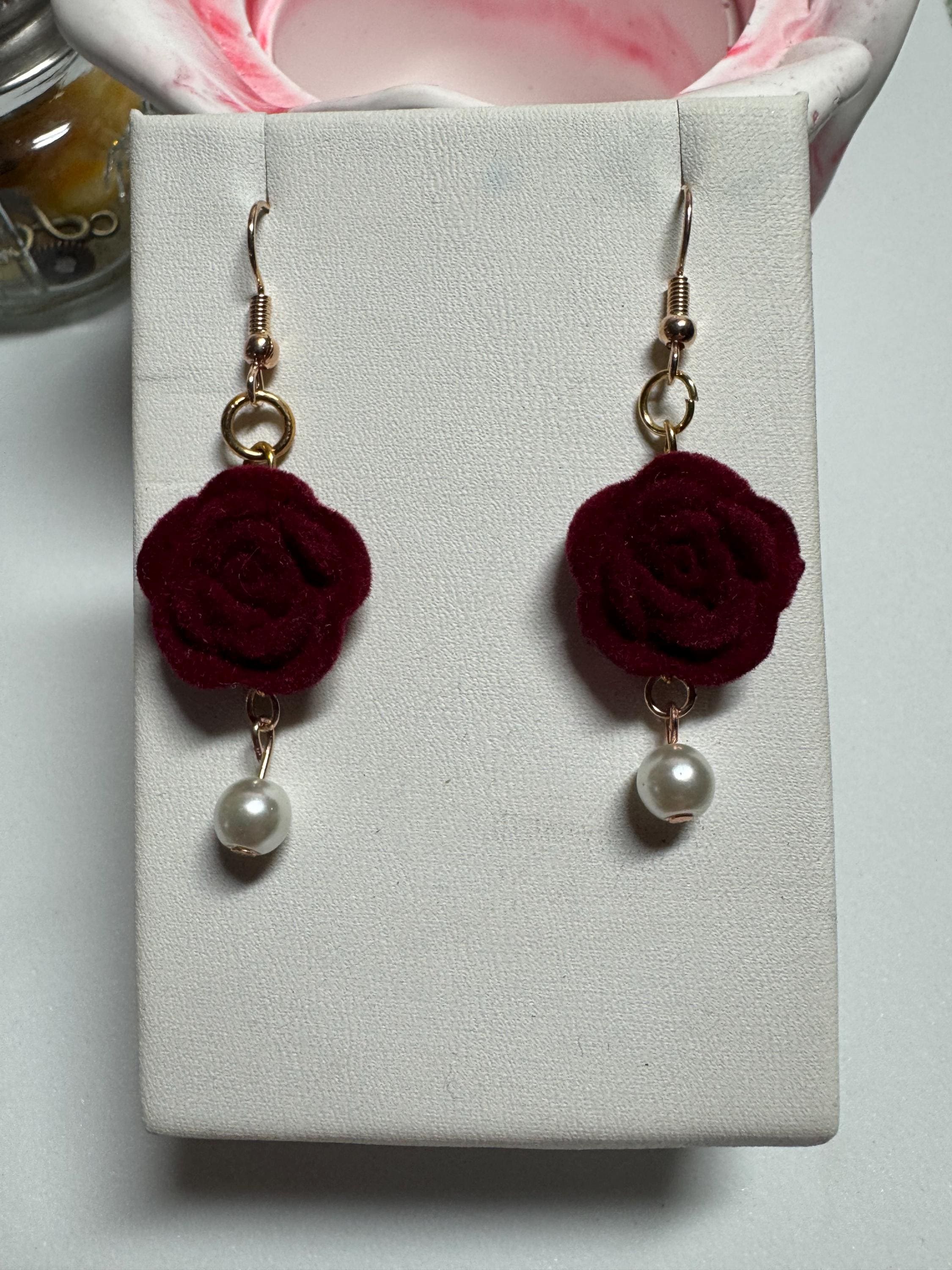 Velvet Rose Earrings Pink and Burgandy