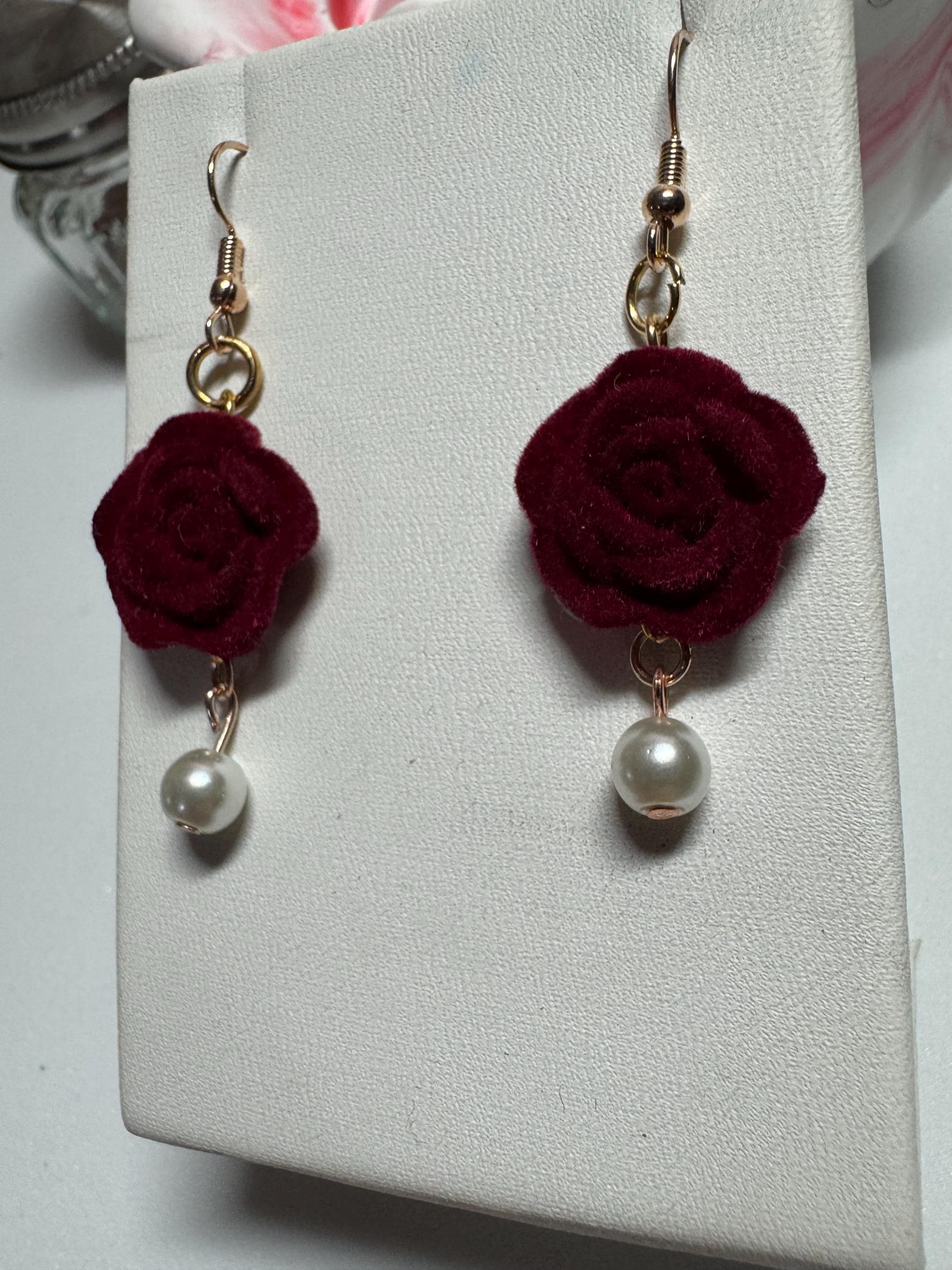 Velvet Rose Earrings Pink and Burgandy