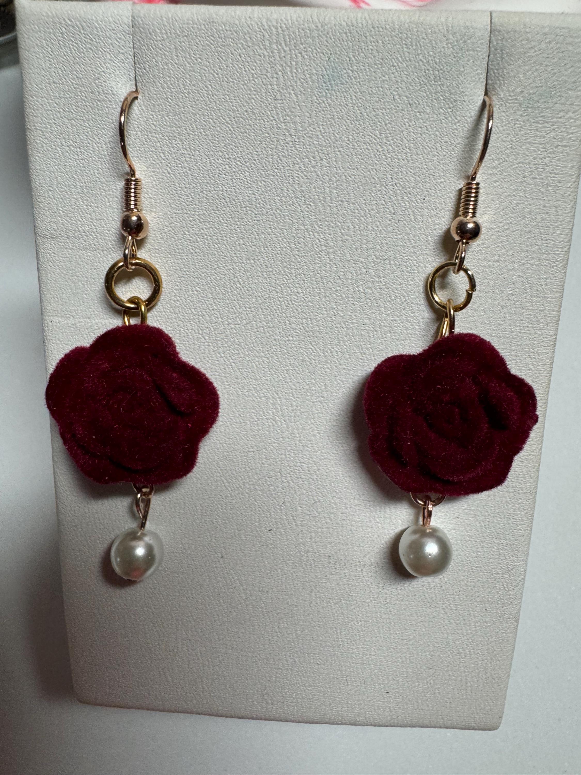 Velvet Rose Earrings Pink and Burgandy