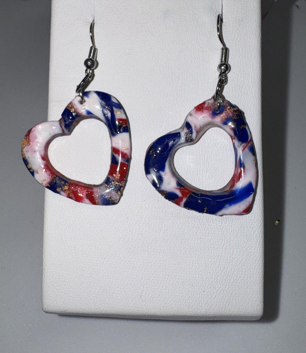 Heart Shaped Red White and Blue Clay Earrings