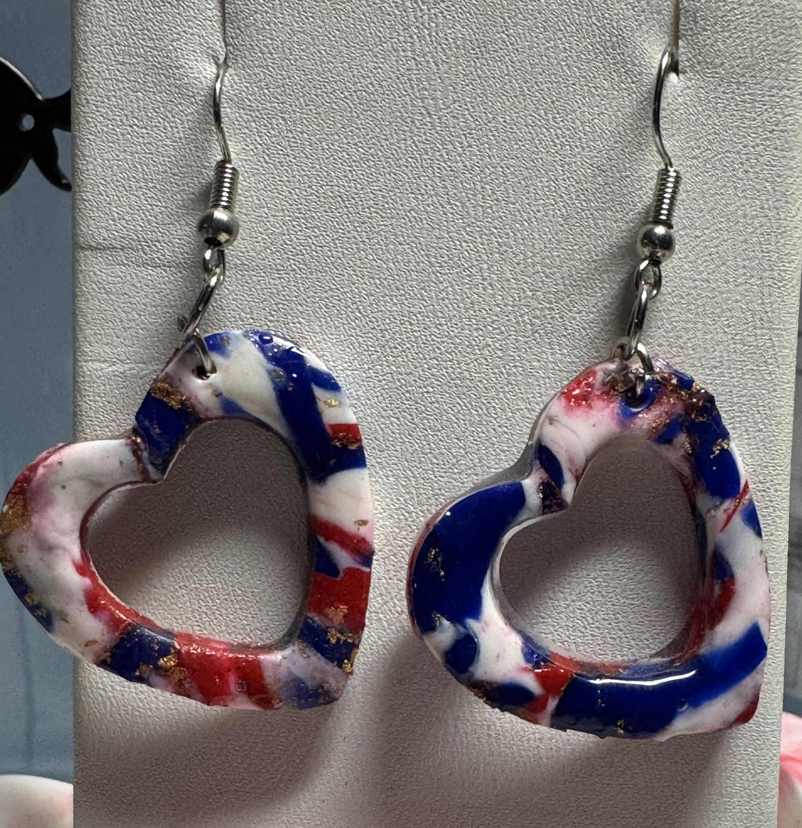 Heart Shaped Red White and Blue Clay Earrings
