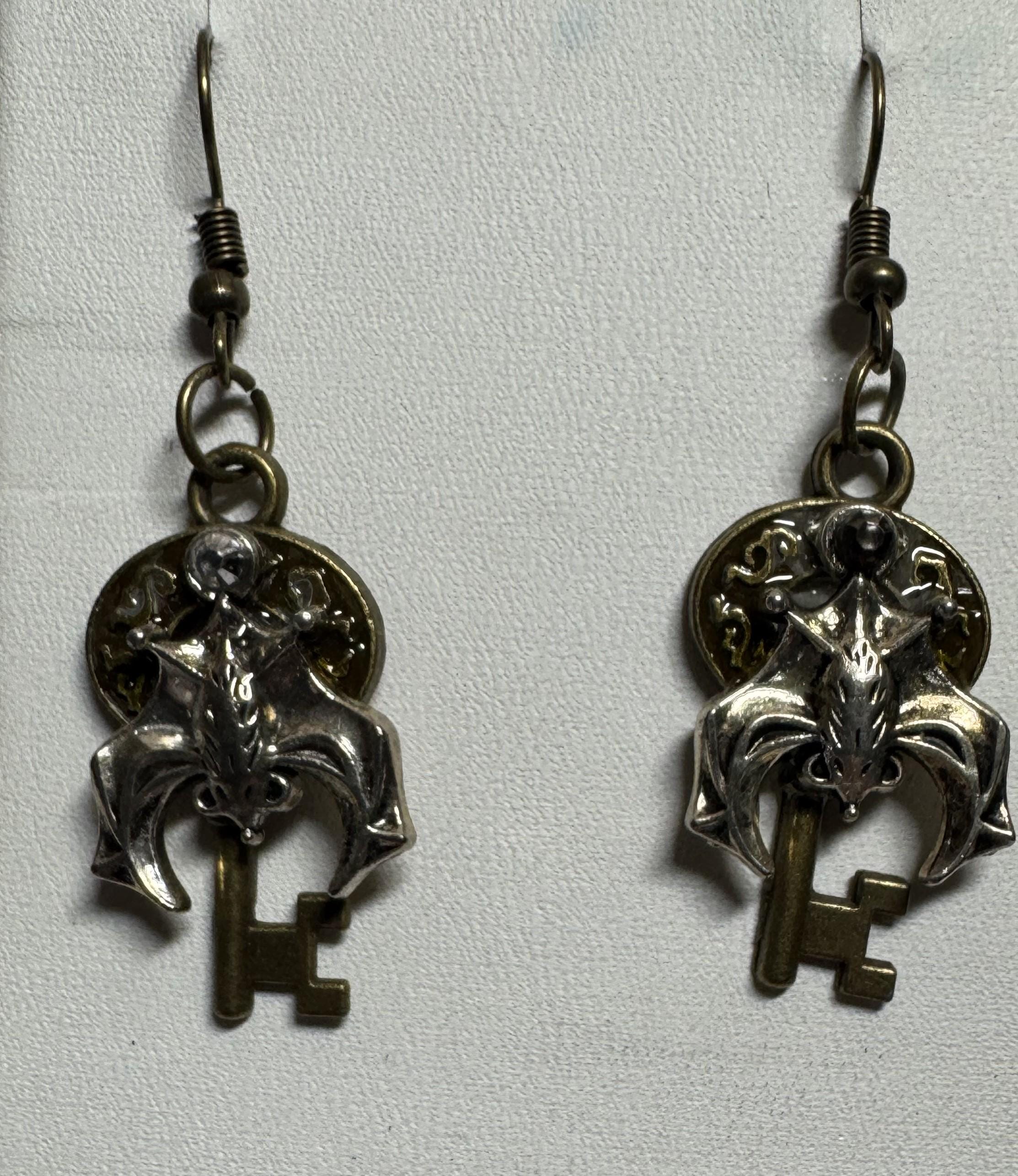 Metal Bat Earrings with Skeleton Key and Skull Earrings