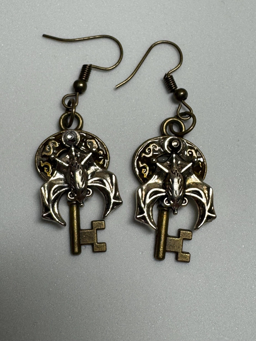 Metal Bat Earrings with Skeleton Key and Skull Earrings