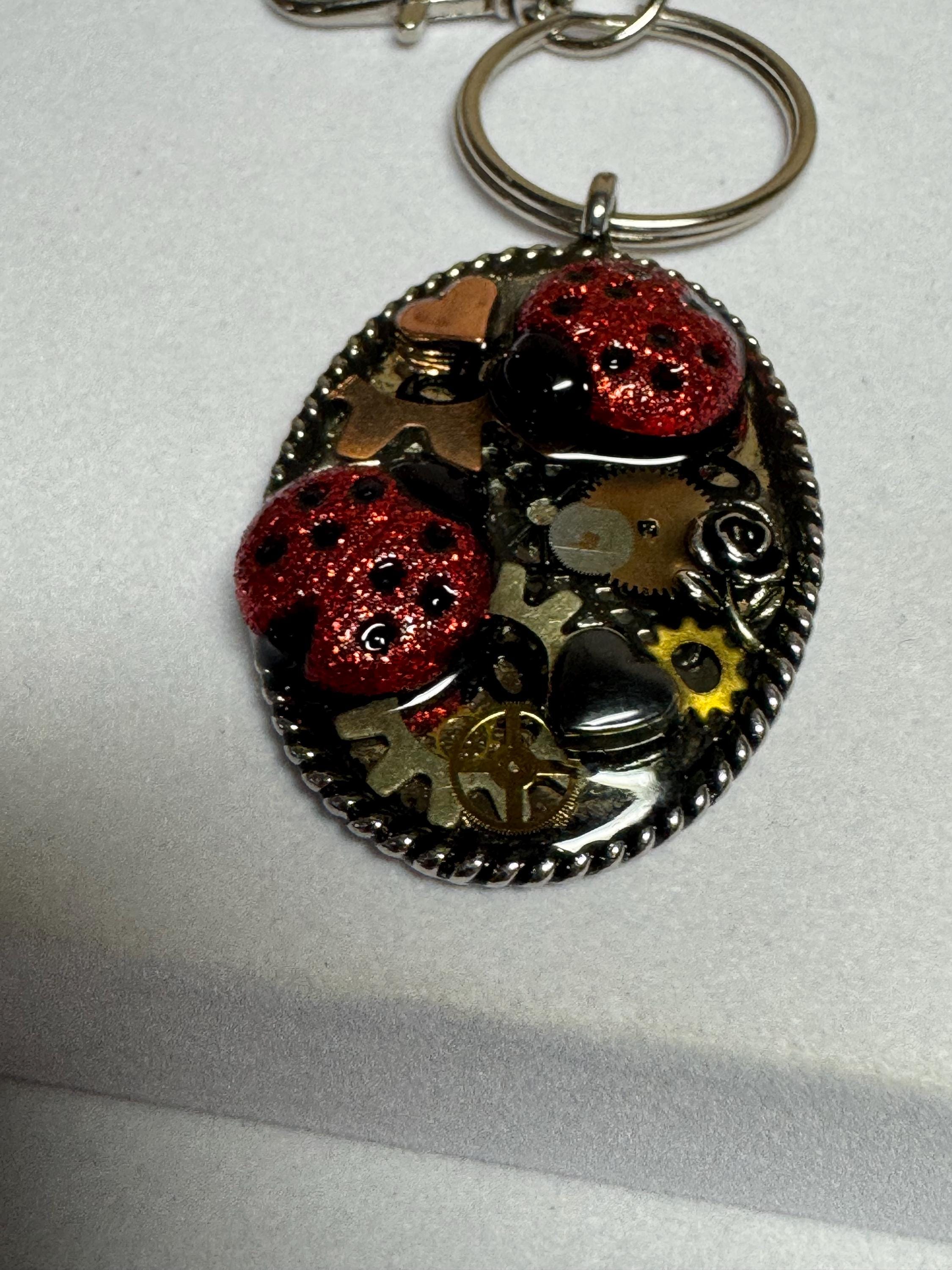 Oval Metal Ladybug Steampunk Keychain