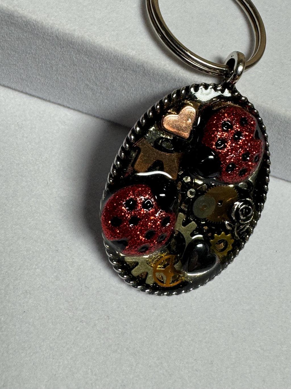Oval Metal Ladybug Steampunk Keychain