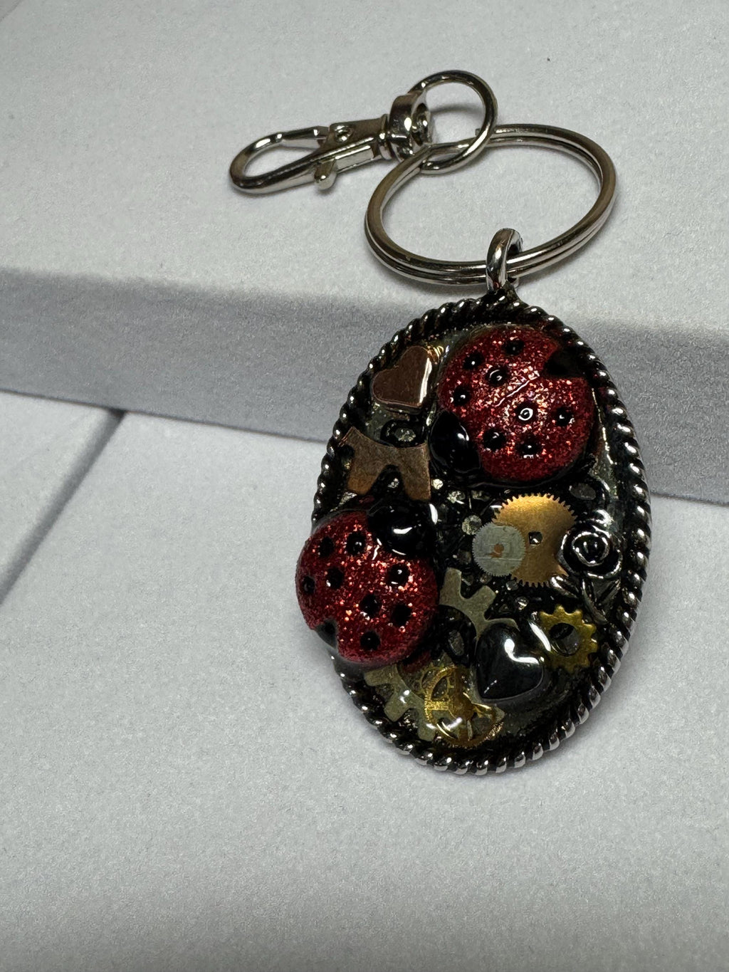 Oval Metal Ladybug Steampunk Keychain