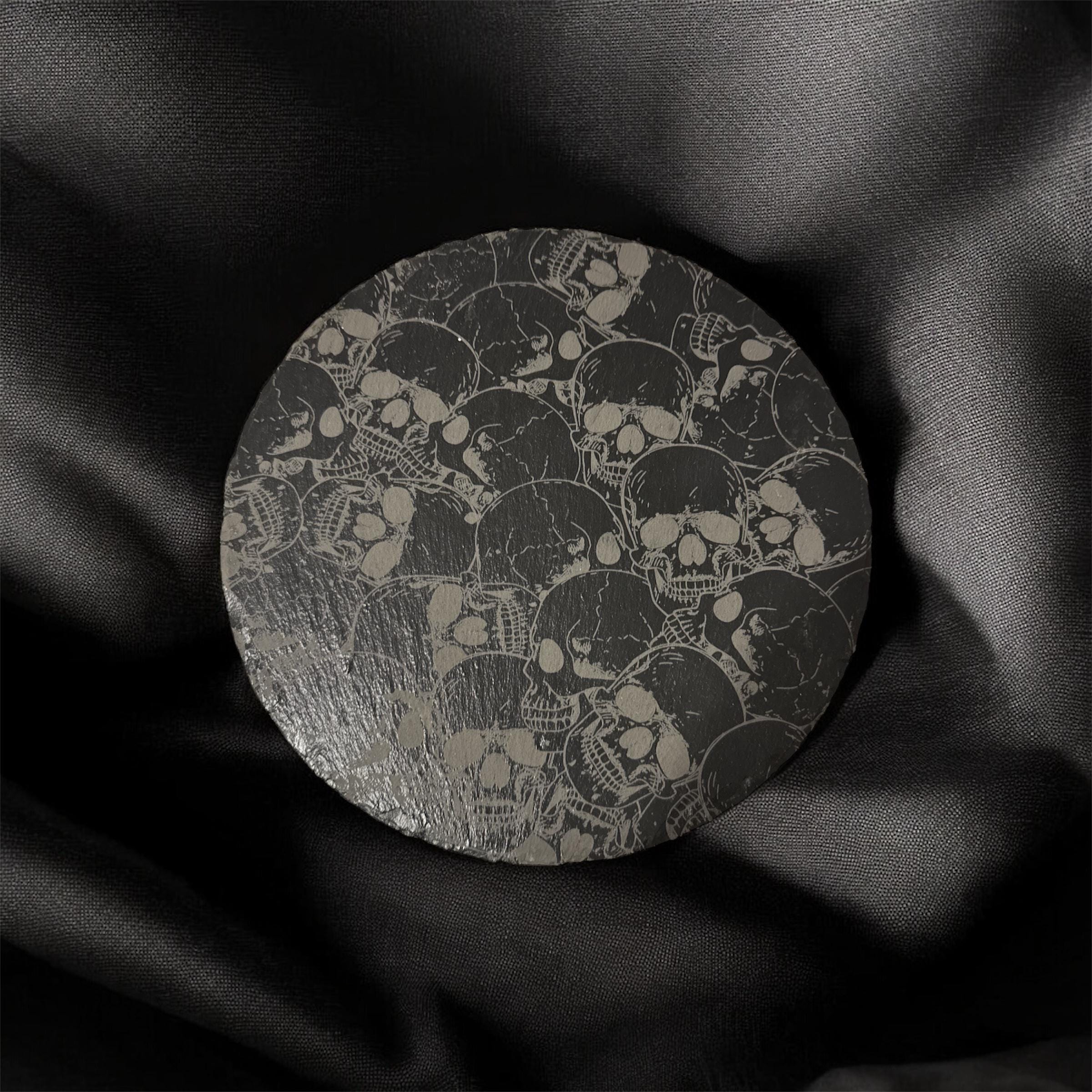 Round Slate Engraved Trivets Skulls, Cat, Pheonix