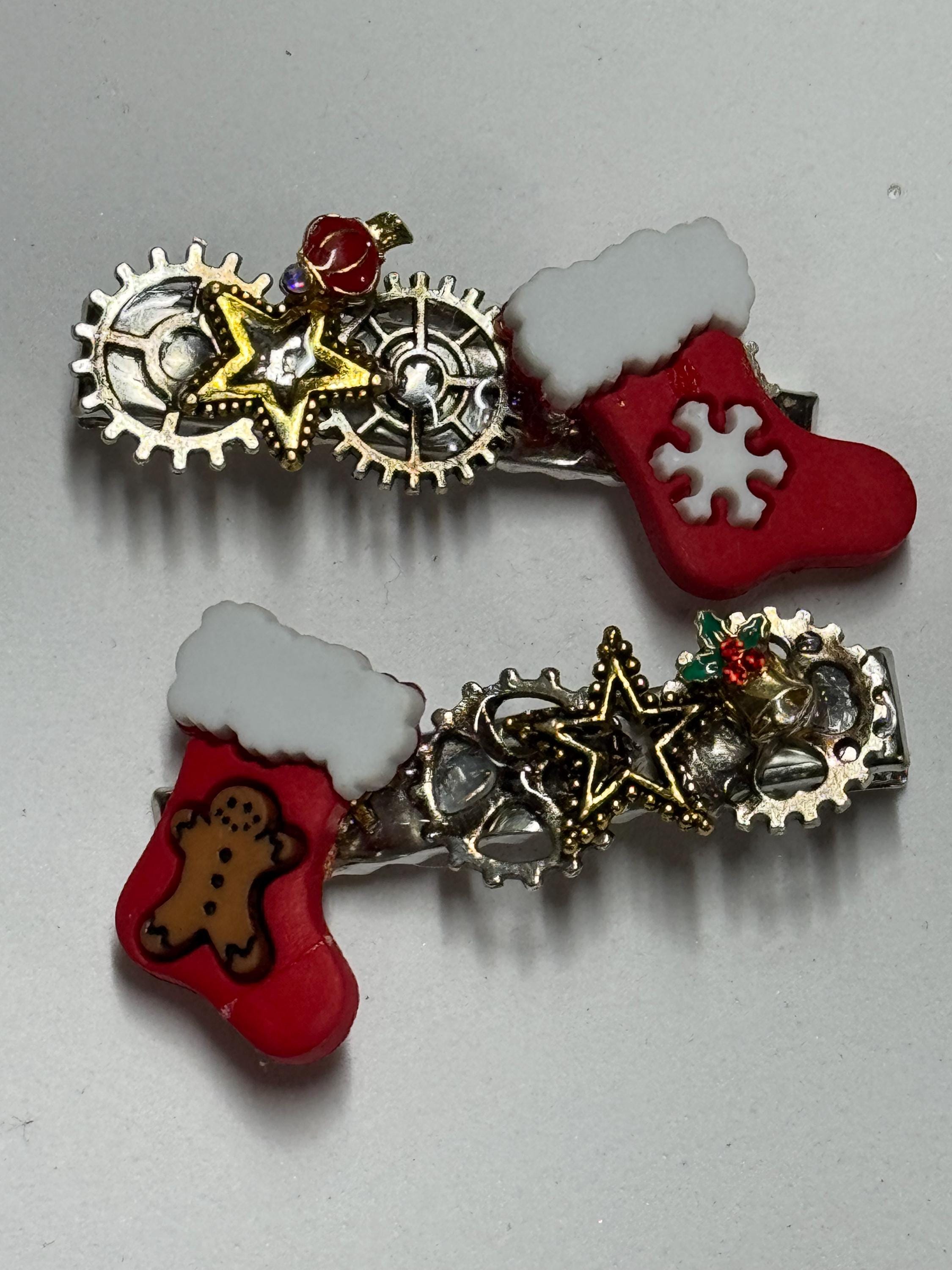 Christmas Stocking Steampunk Metal Barrette Sets