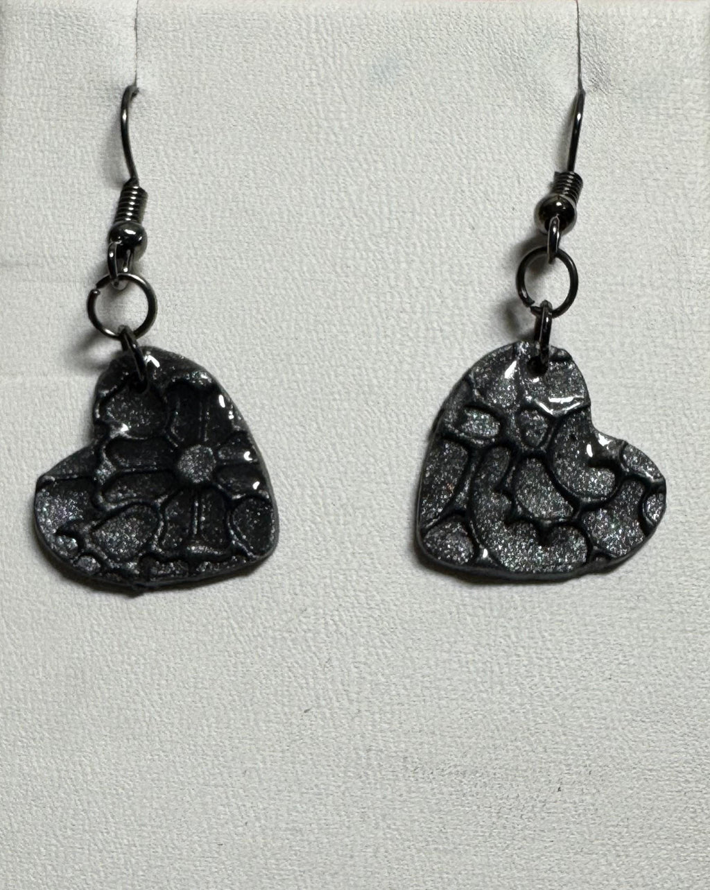Heart Shaped Earrings, Red Silver and Black