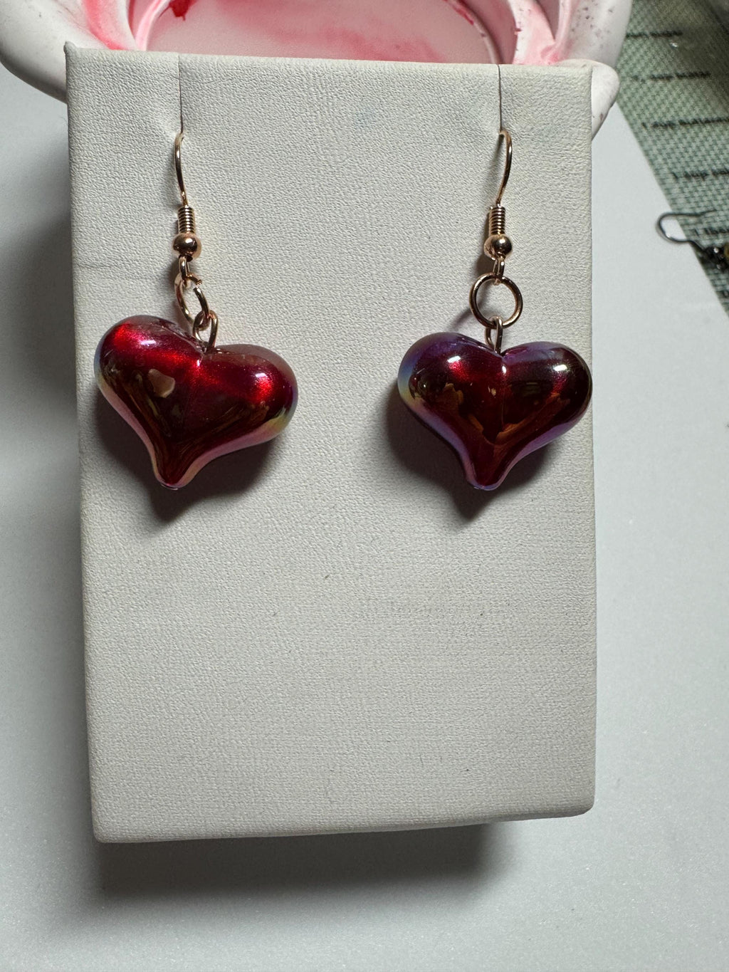 Heart Shaped Earrings, Red Silver and Black
