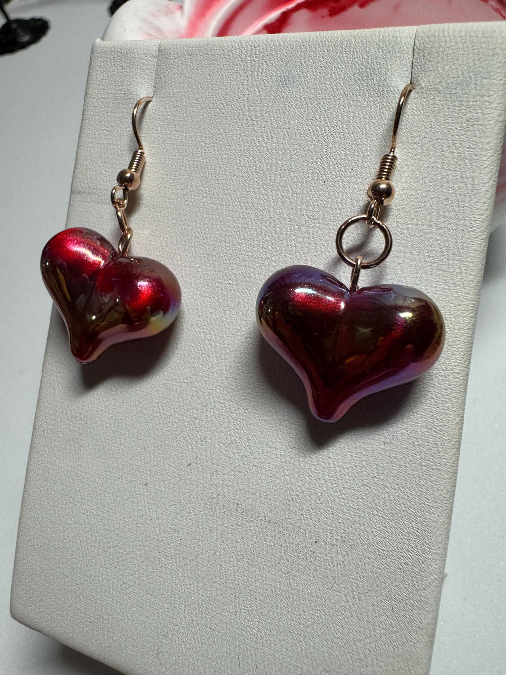 Heart Shaped Earrings, Red Silver and Black