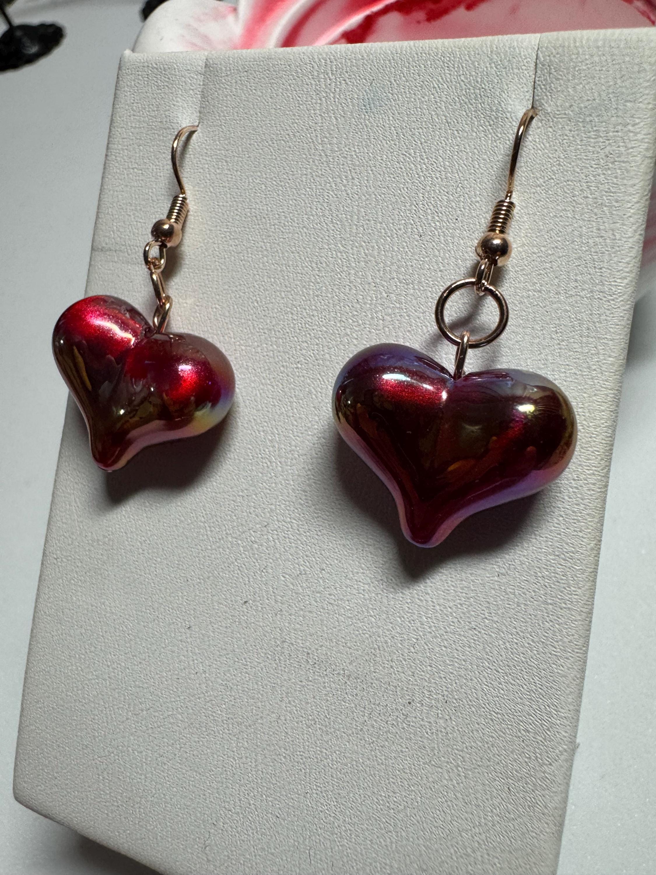 Heart Shaped Earrings, Red Silver and Black