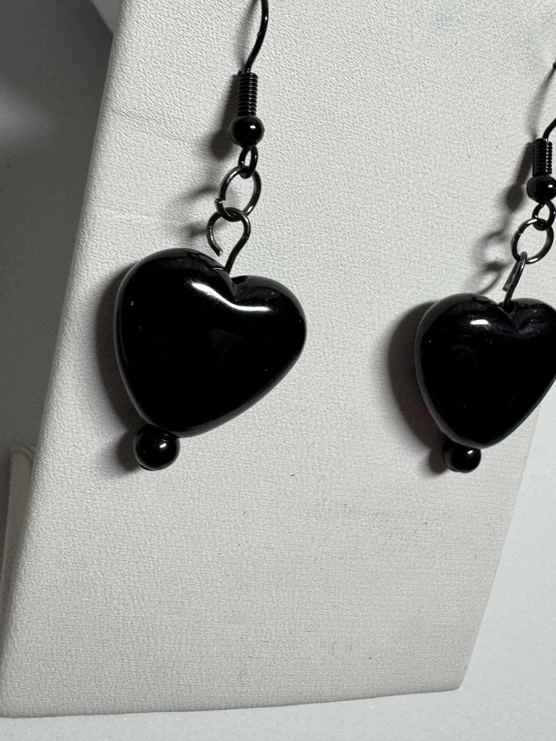 Heart Shaped Earrings, Red Silver and Black