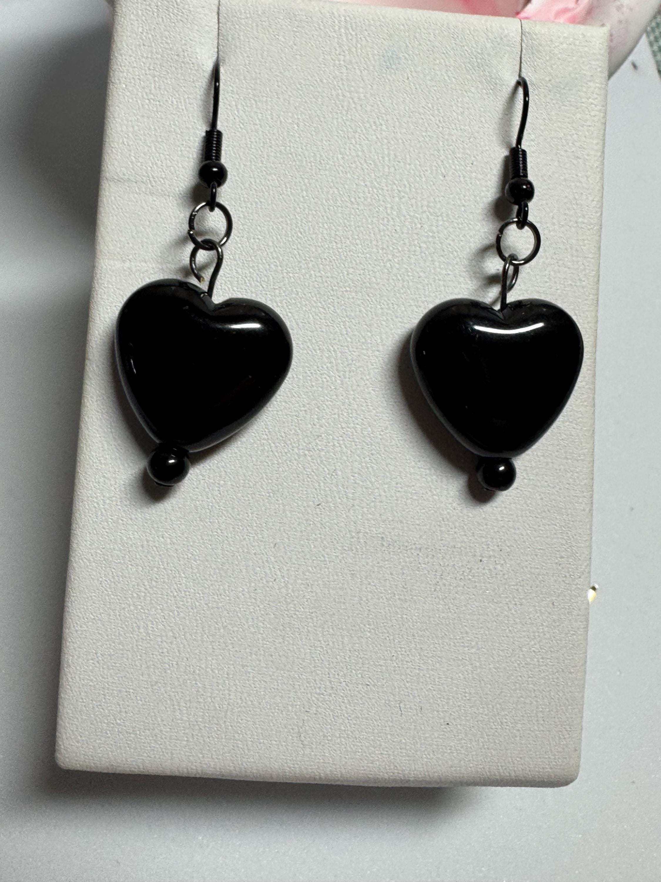 Heart Shaped Earrings, Red Silver and Black