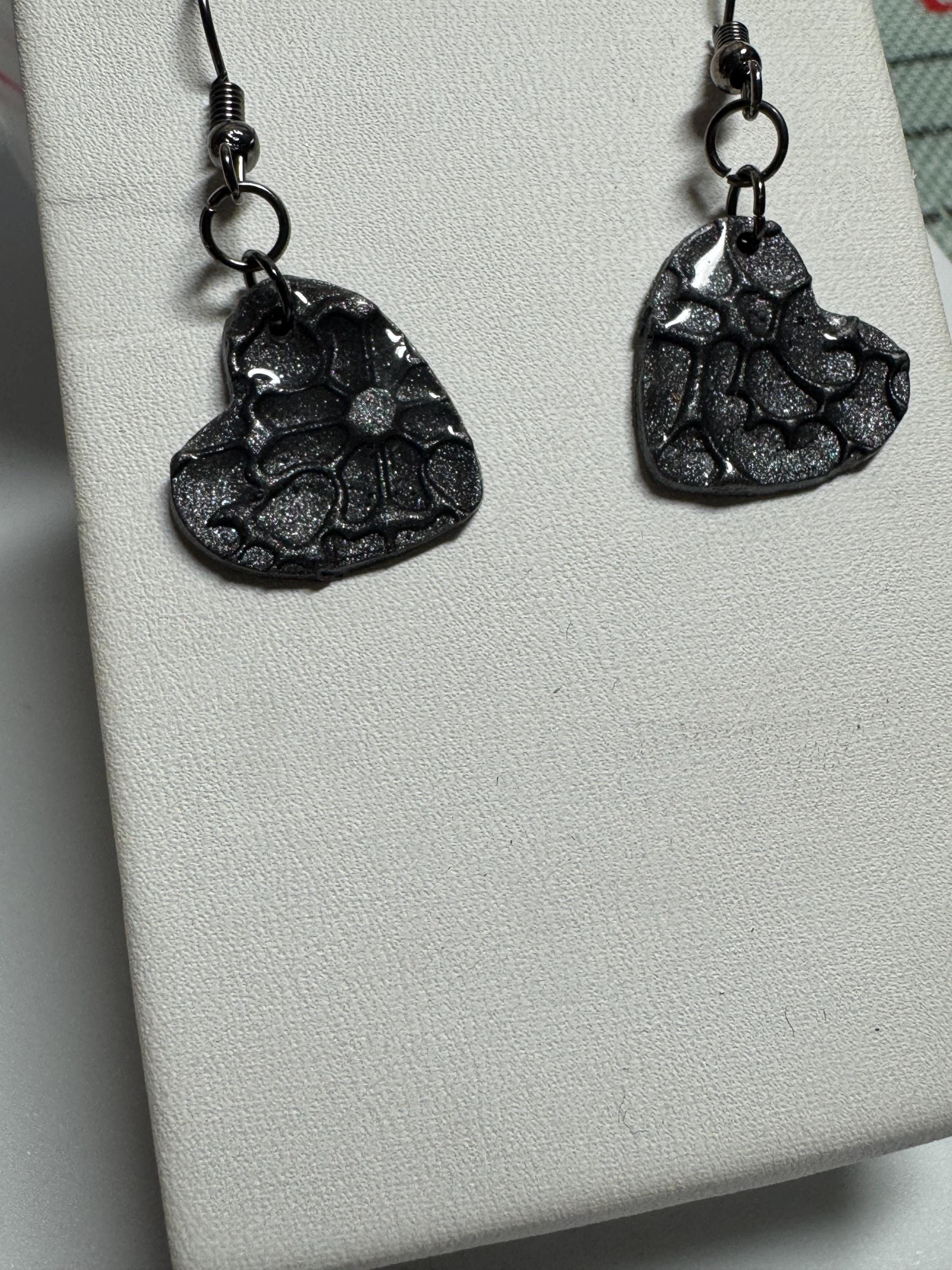 Heart Shaped Earrings, Red Silver and Black