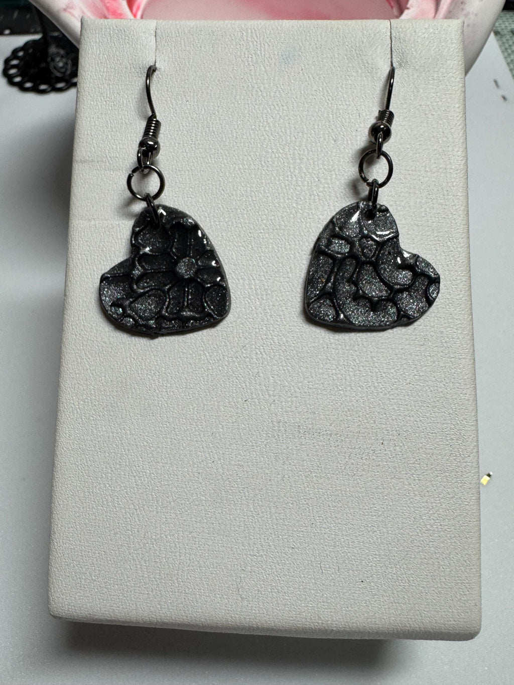 Heart Shaped Earrings, Red Silver and Black