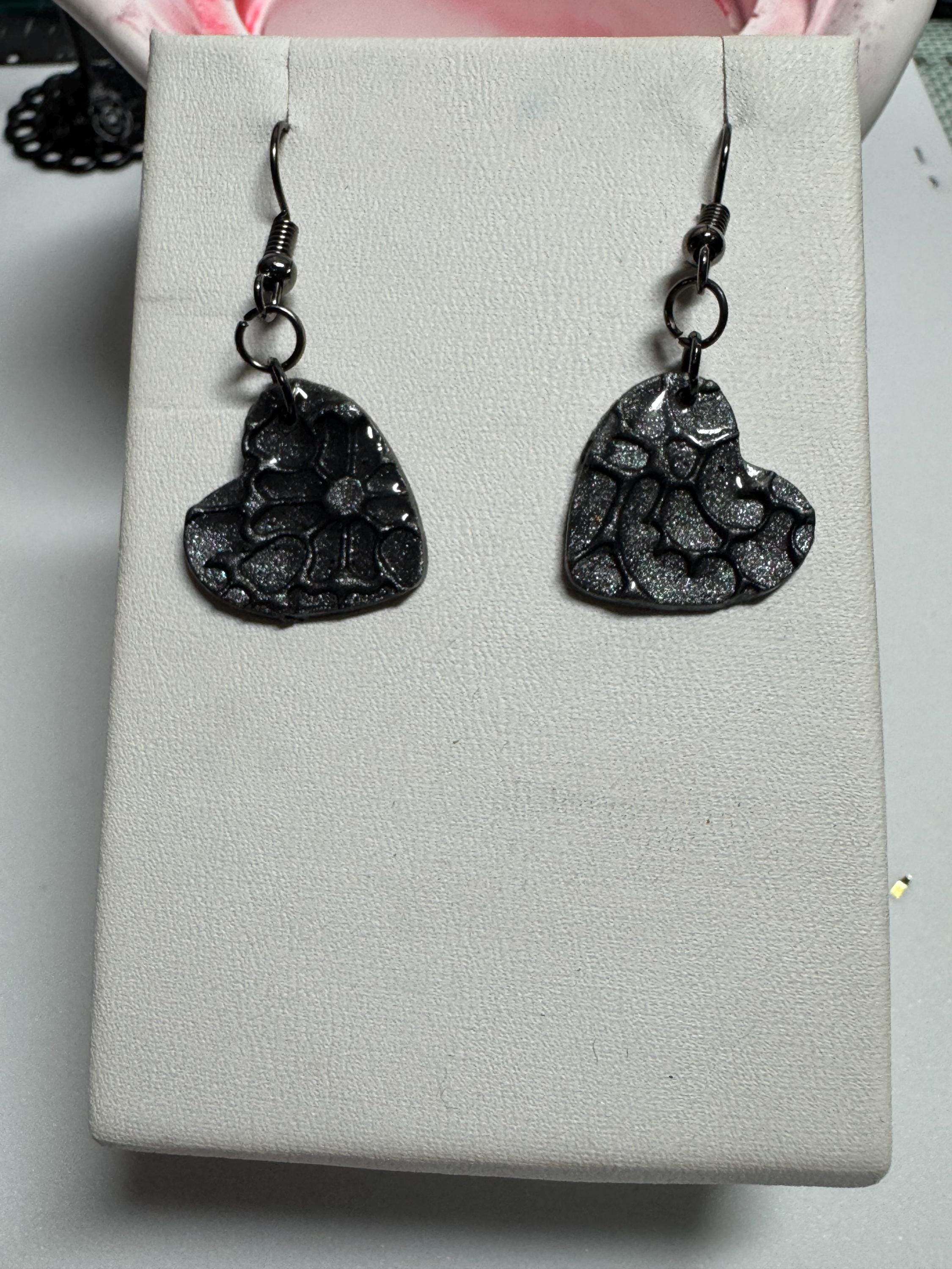 Heart Shaped Earrings, Red Silver and Black