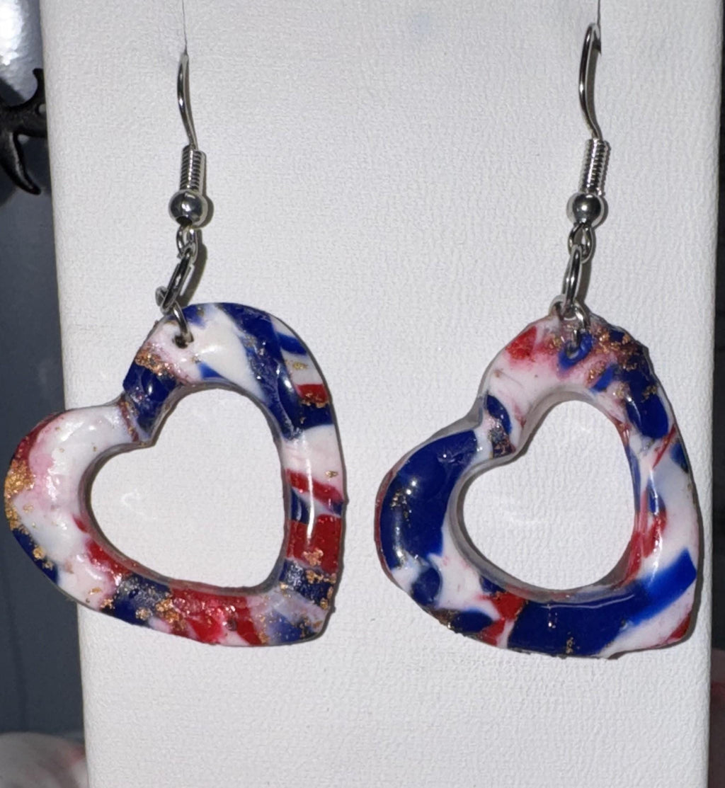 Heart Shaped Red White and Blue Clay Earrings