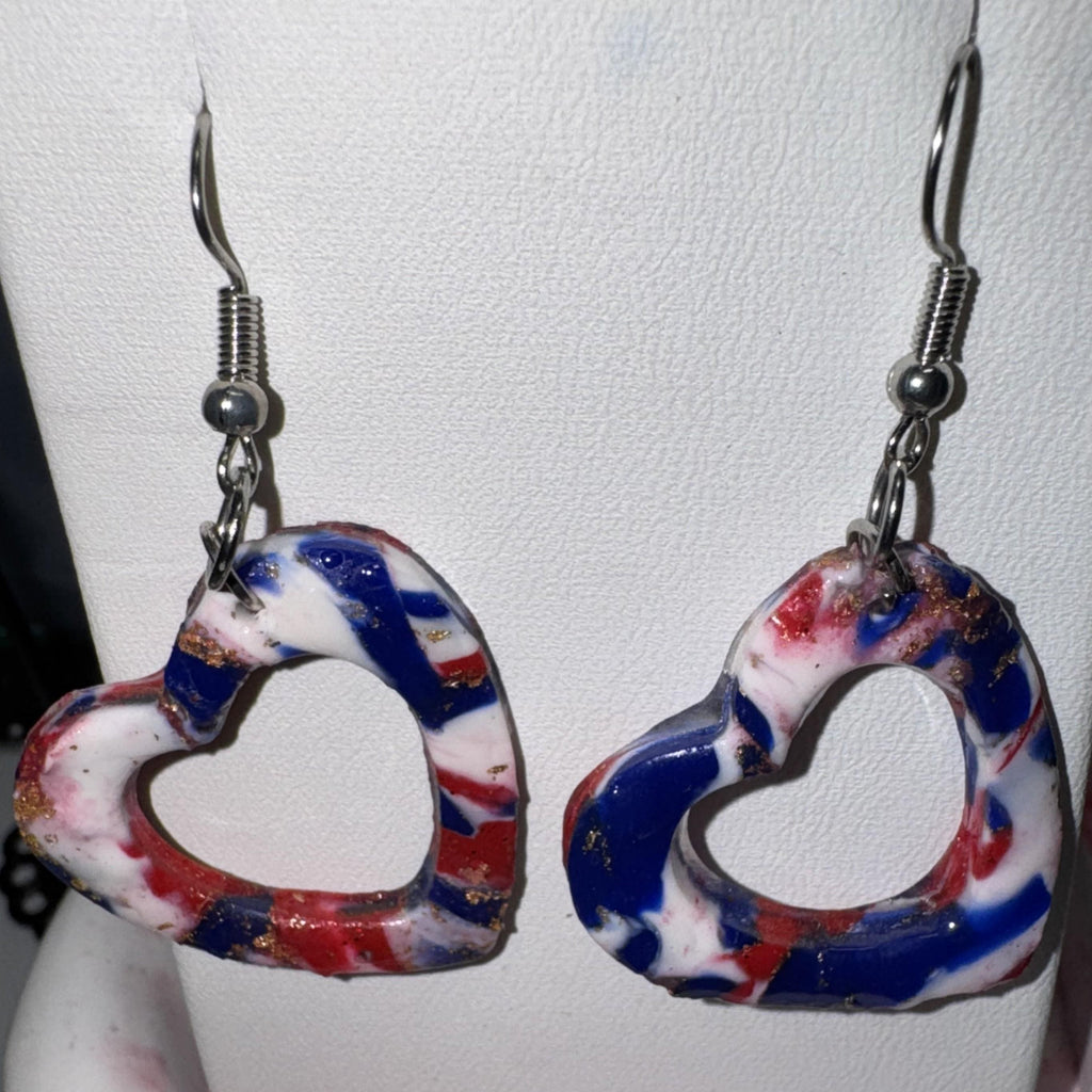 Heart Shaped Red White and Blue Clay Earrings
