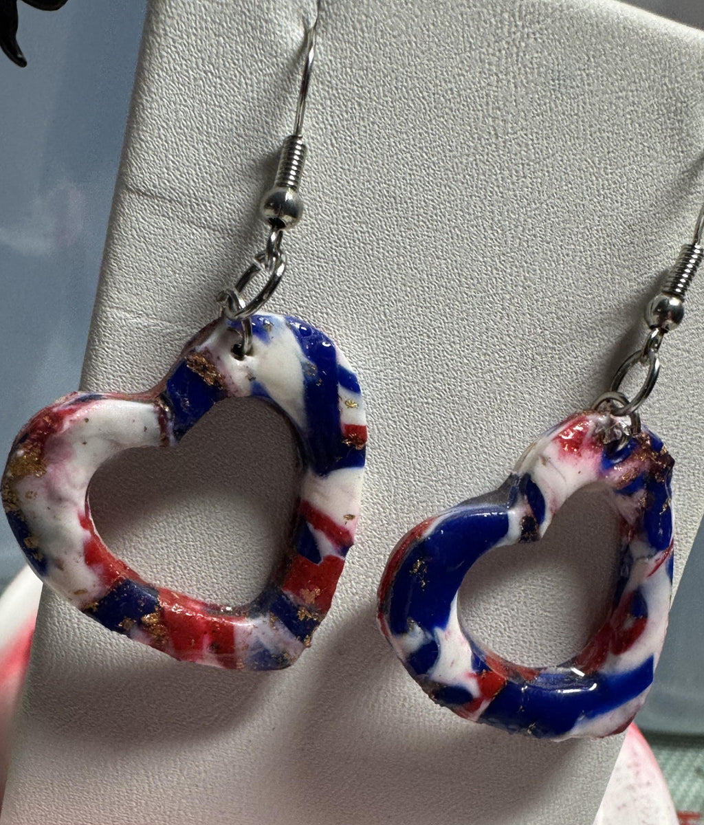 Heart Shaped Red White and Blue Clay Earrings
